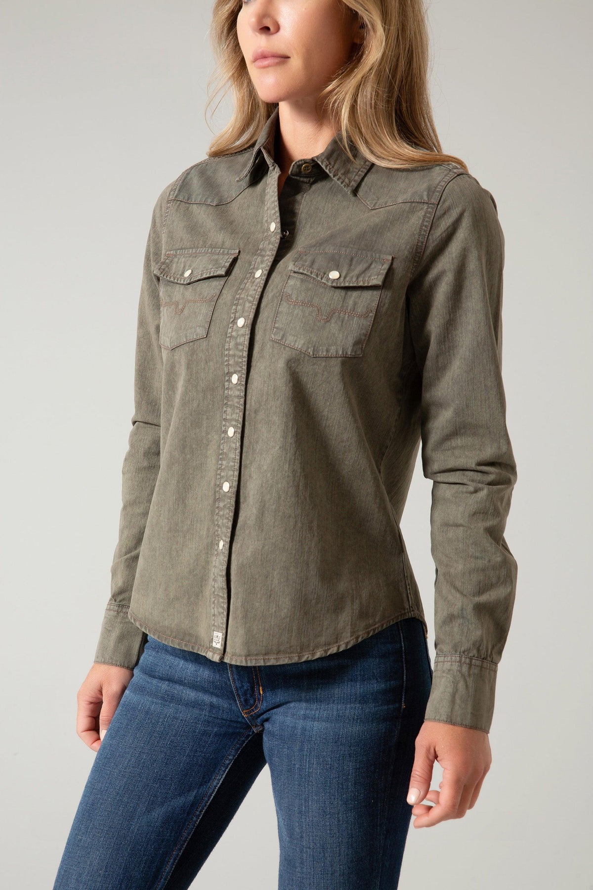 Kimes Ranch Kaycee Denim Top in Od Army with long sleeves and two chest pockets