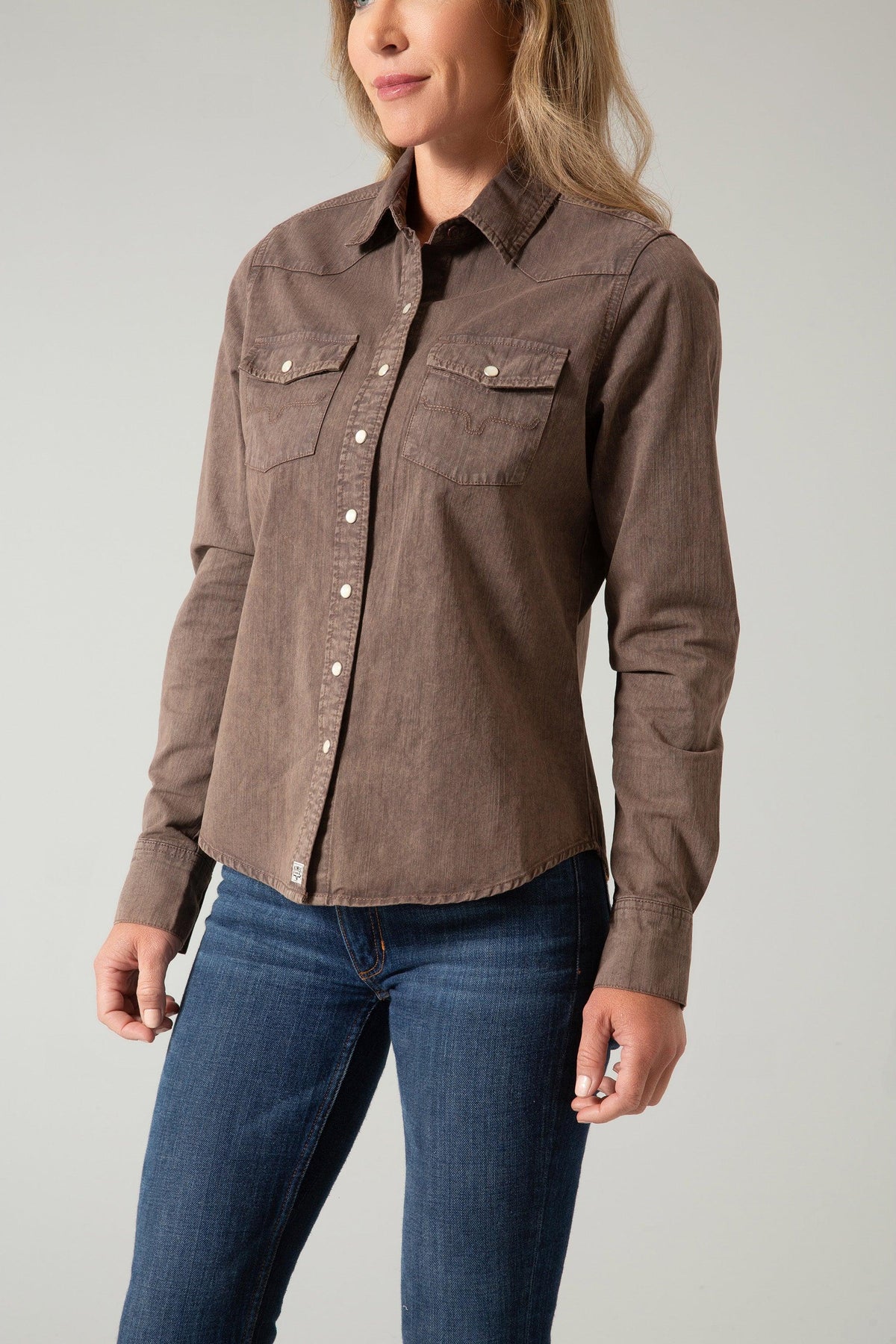 Kimes Ranch Kaycee Denim Top in Od Brown with long sleeves and two chest pockets