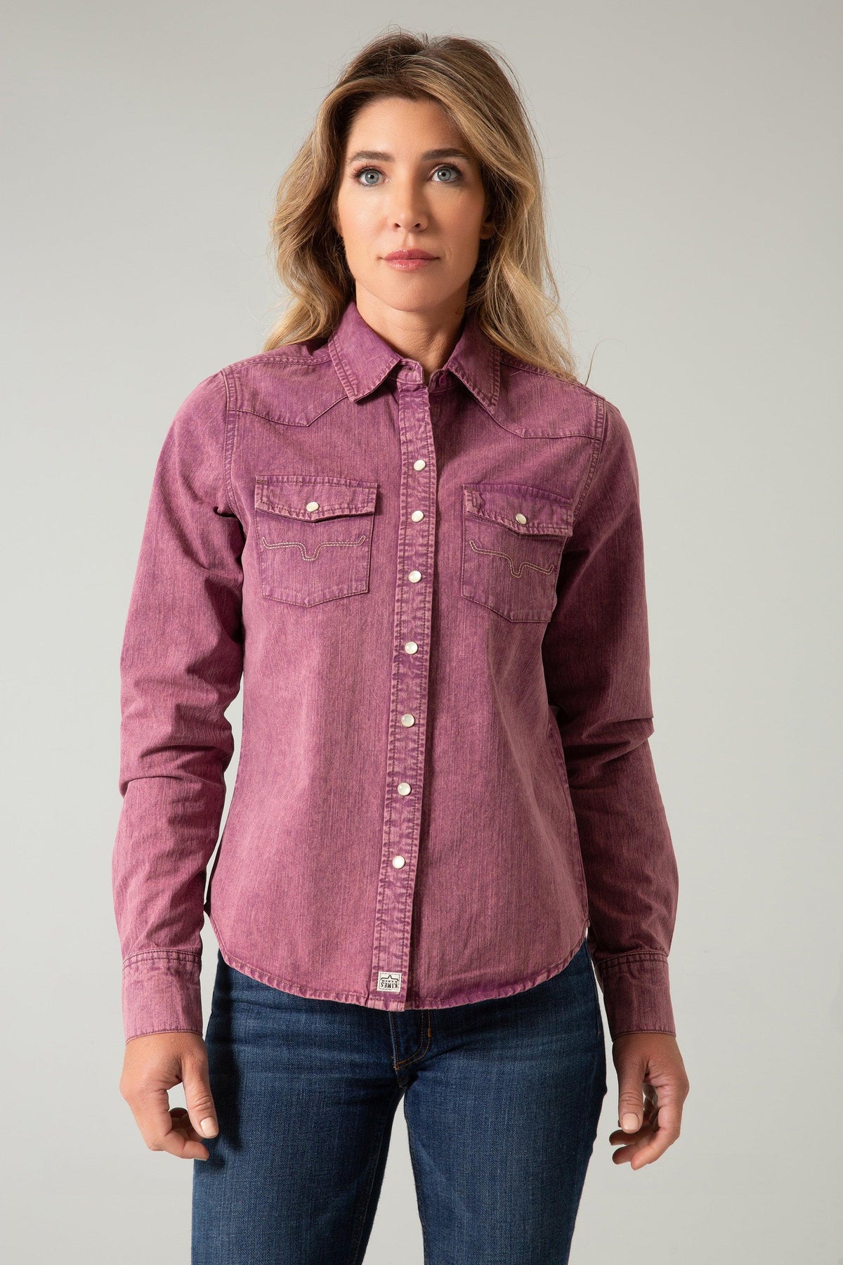 Kimes Ranch Kaycee Denim Top in OD Wine with long sleeves, snap buttons, and western yoke stitching
