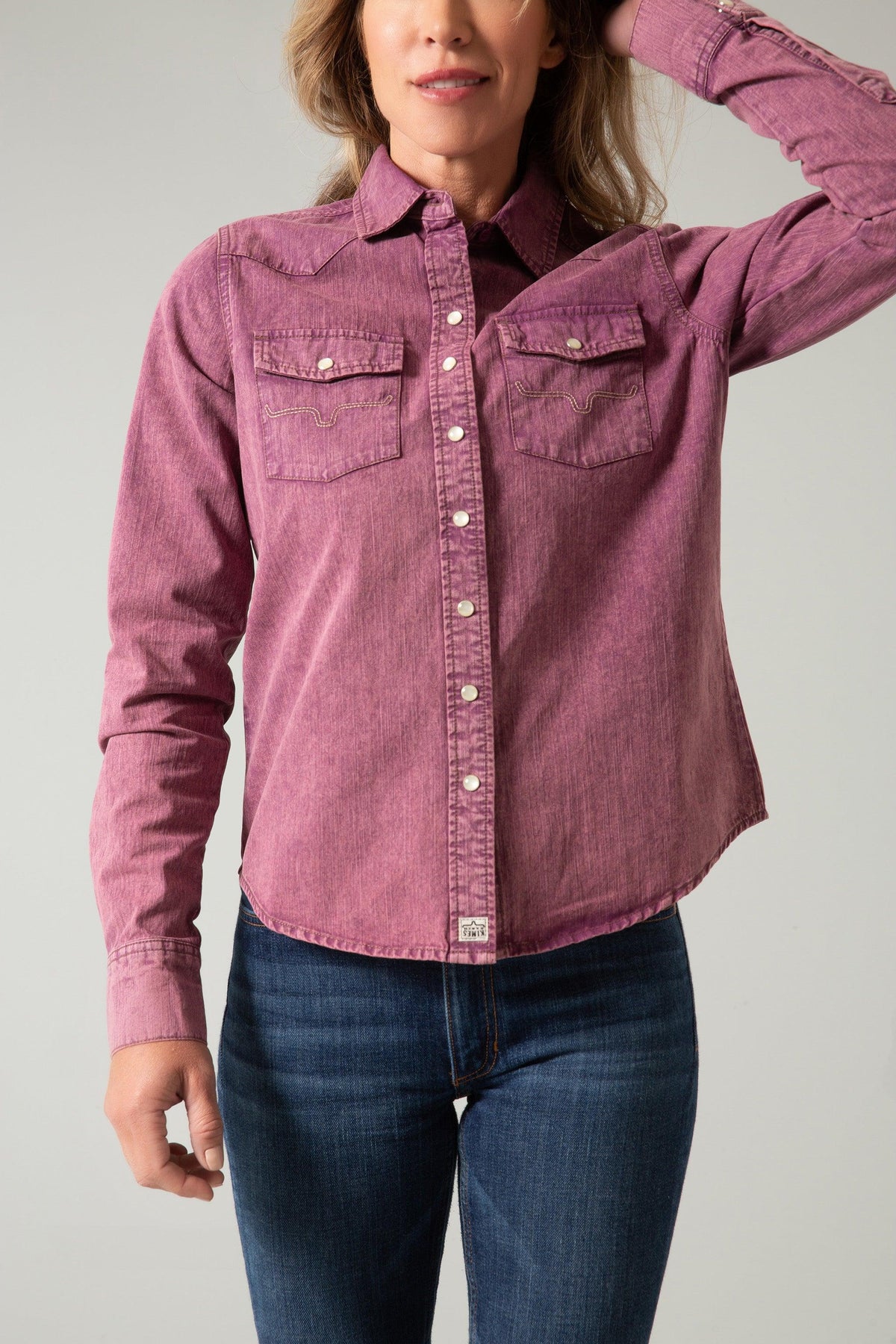 Kimes Ranch Kaycee Denim Top in Od Wine with long sleeves, snap buttons, and western-style chest pockets