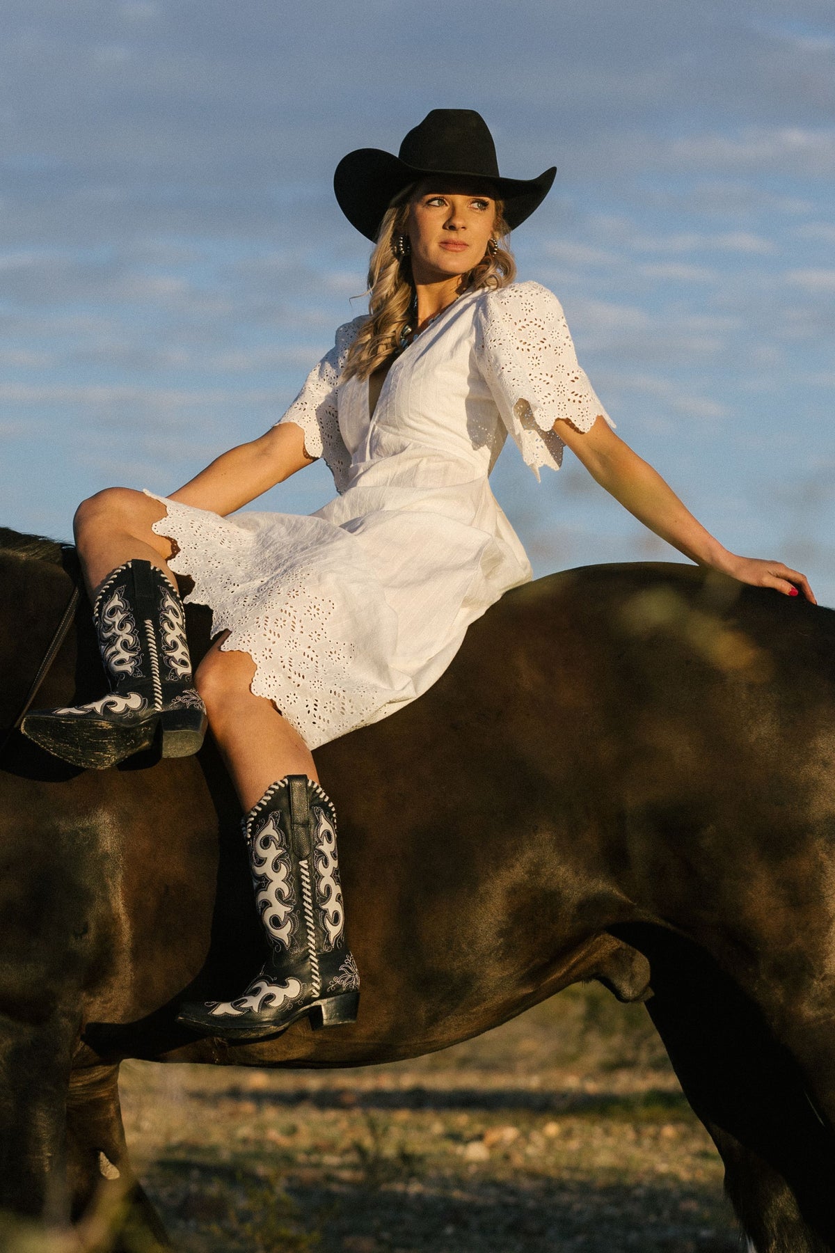 Kimes Ranch Kelsey dress in Pristine with scalloped eyelet sleeves and hem