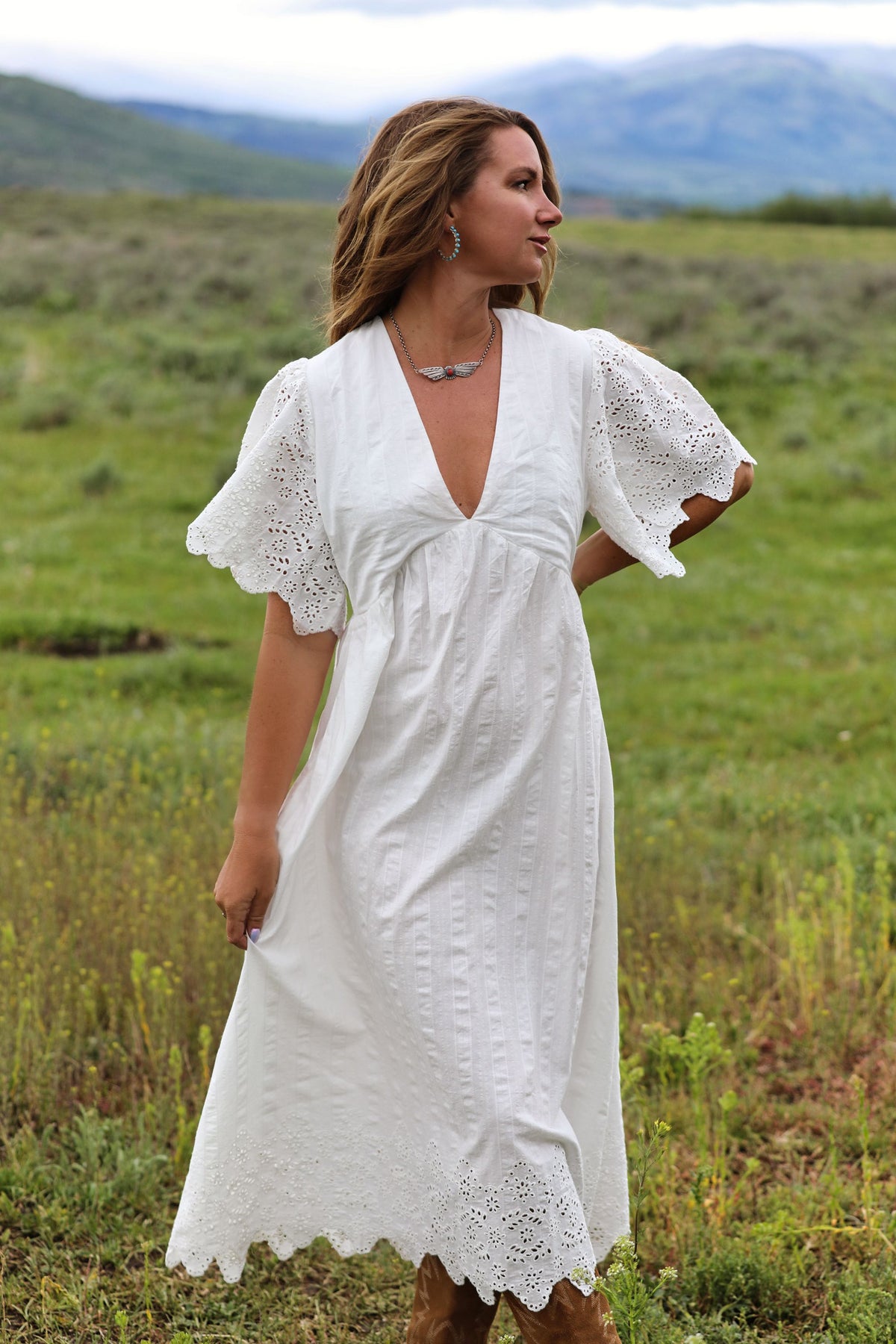 Kimes Ranch Kelsey white dress with eyelet bell sleeves and scalloped hem
