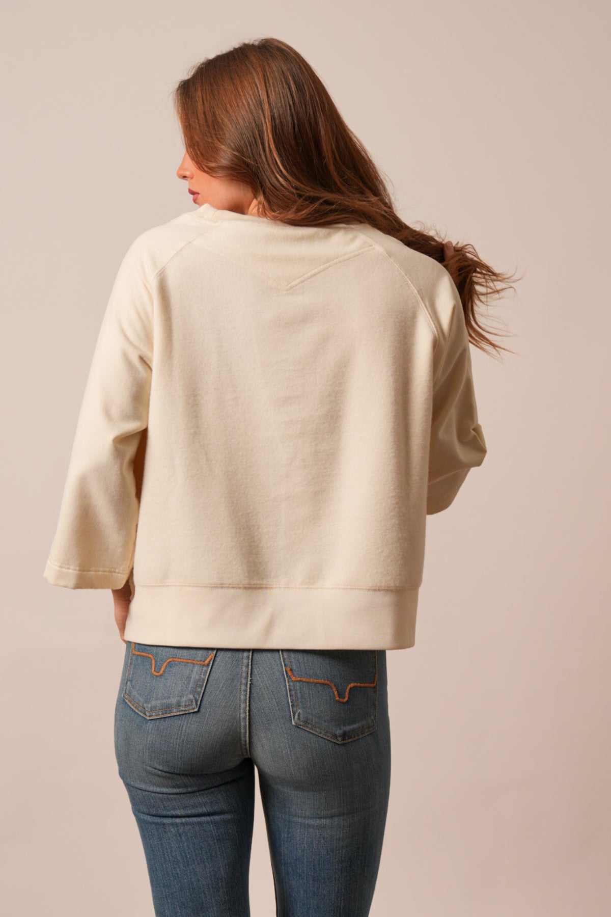 Kimes Ranch Addy sweatshirt in Natural showing back raglan sleeves and yoke detail