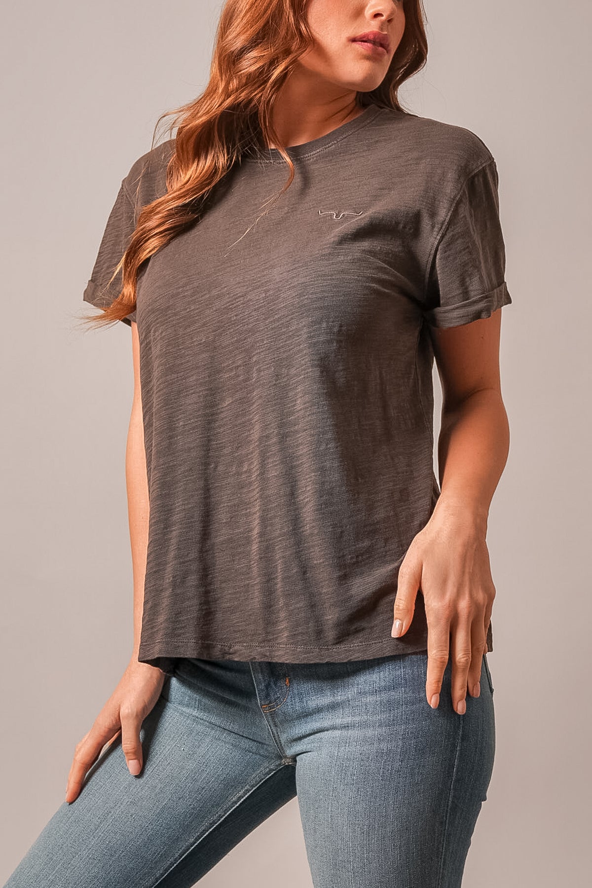 Kimes Ranch Ashley Shirt, short sleeve crewneck Espresso tee with embroidered logo, rolled sleeves, and relaxed fit