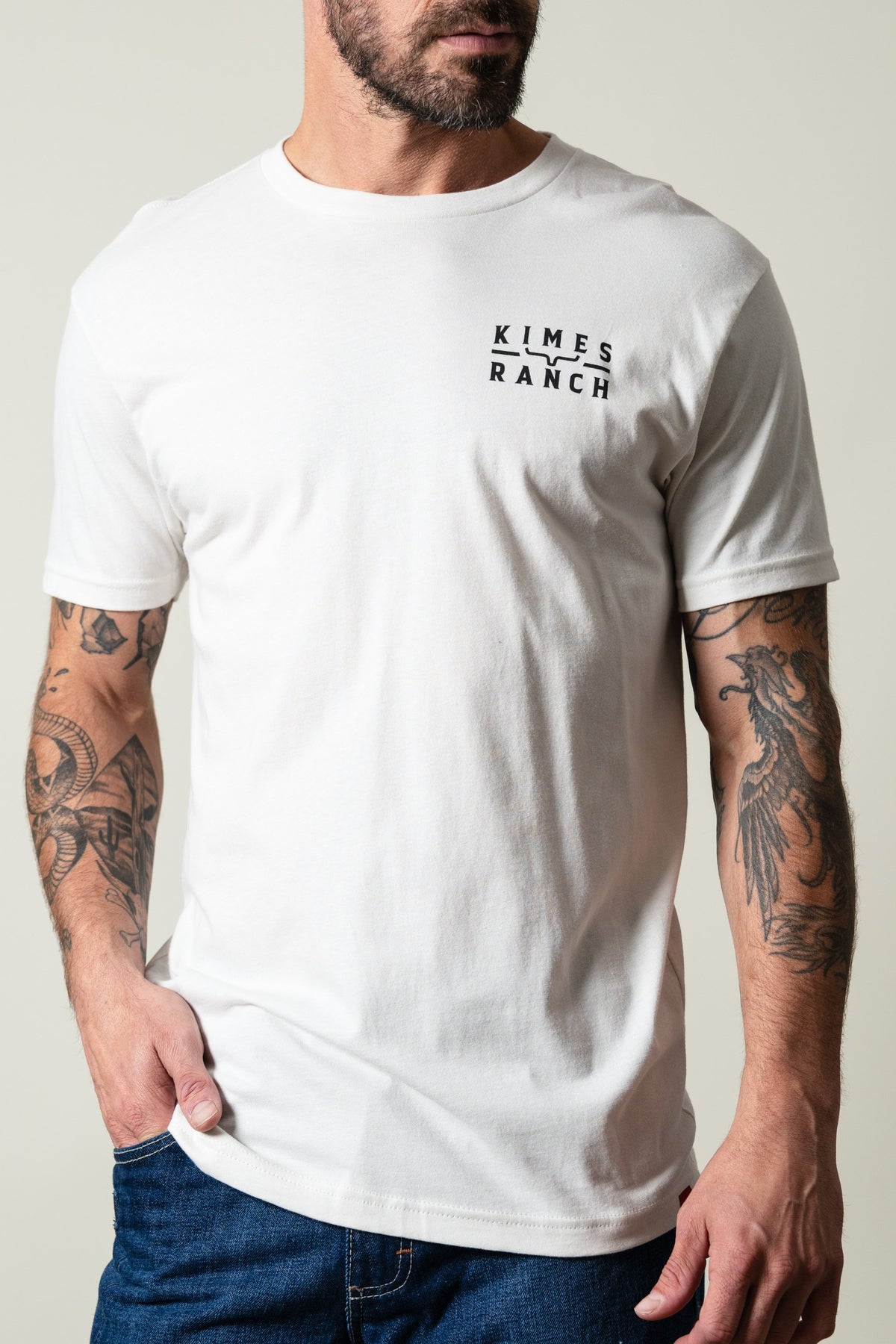 Kimes Ranch Back Branded t-shirt in bone white with black Kimes Ranch logo on the chest