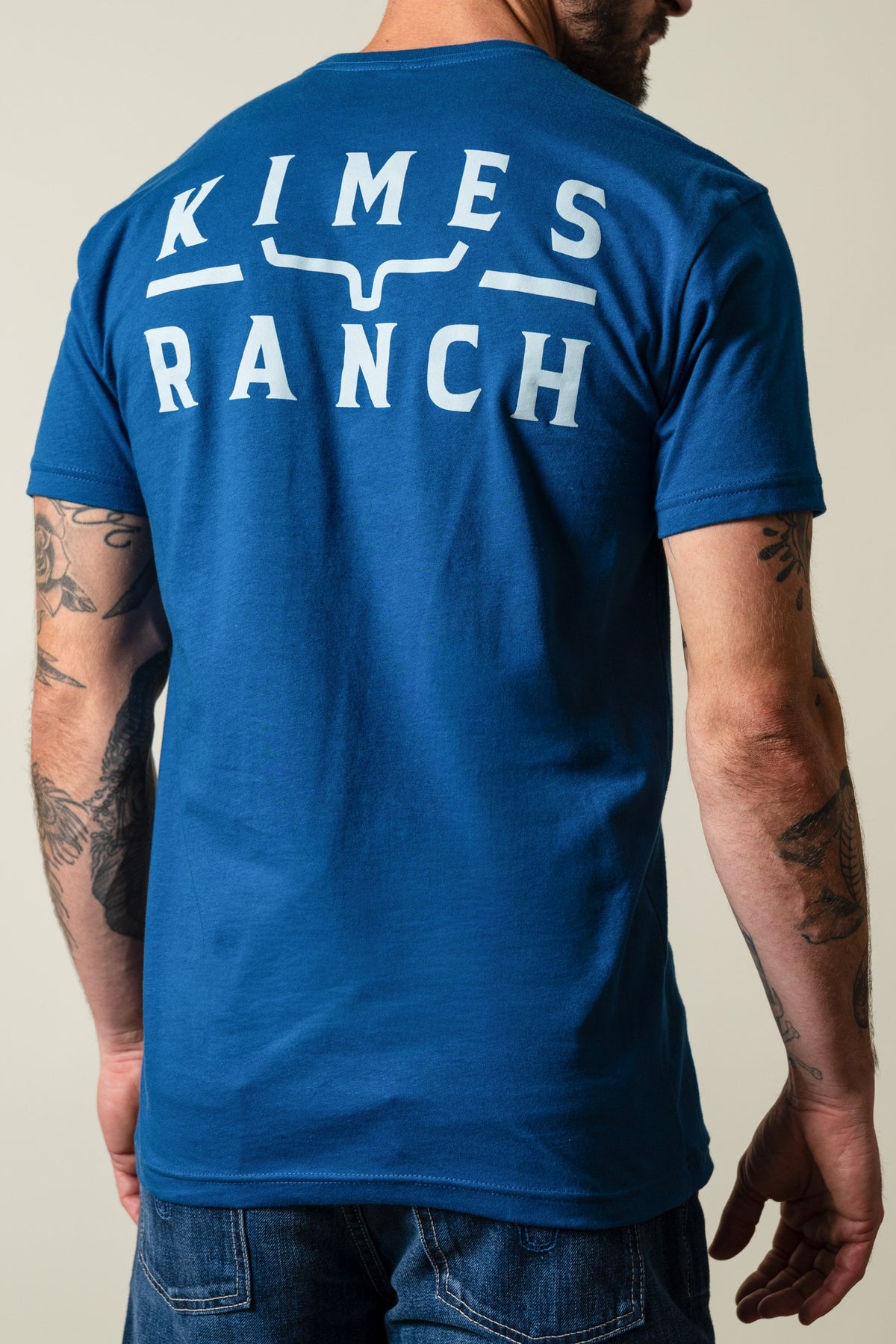 Kimes Ranch Back Branded shirt in Cool Blue featuring the Kimes Ranch logo