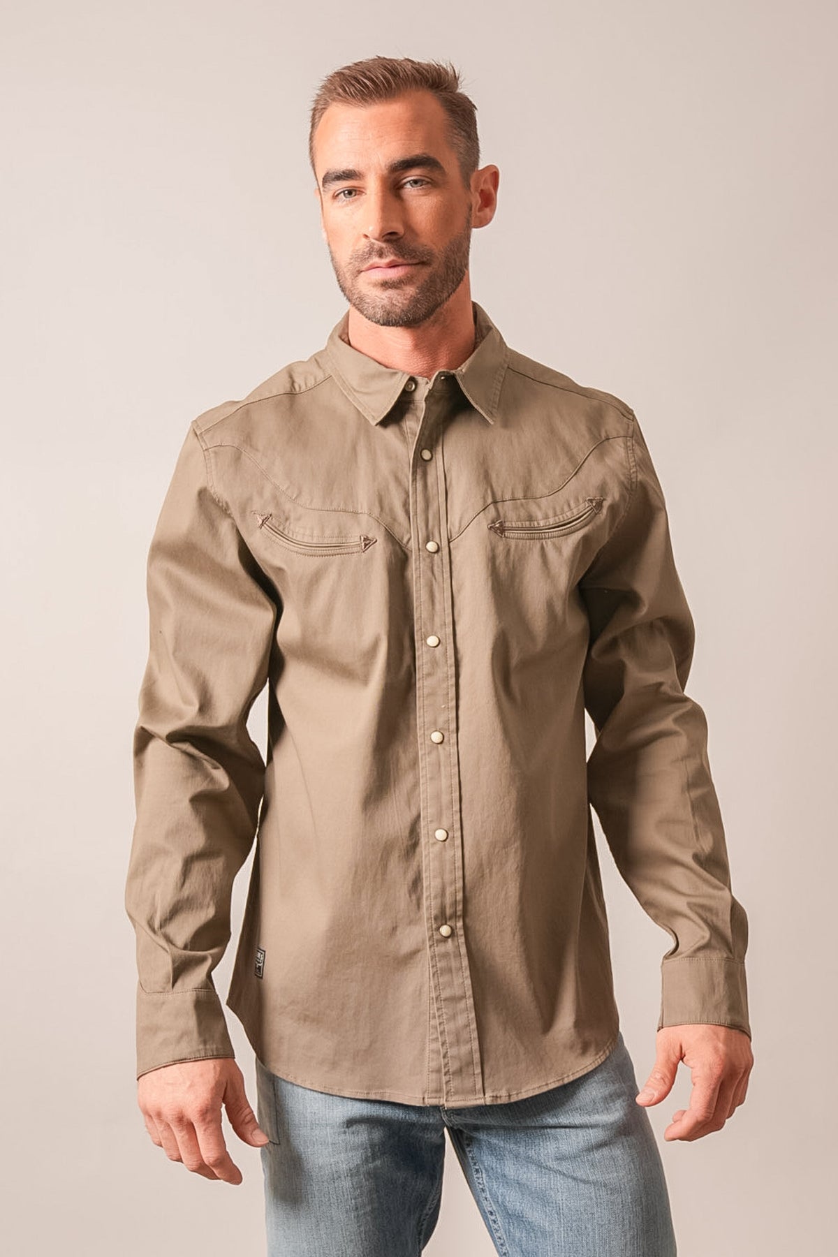 Kimes Ranch Baffert long-sleeve dress shirt in army green, with Western yoke, snap placket, and chest pockets