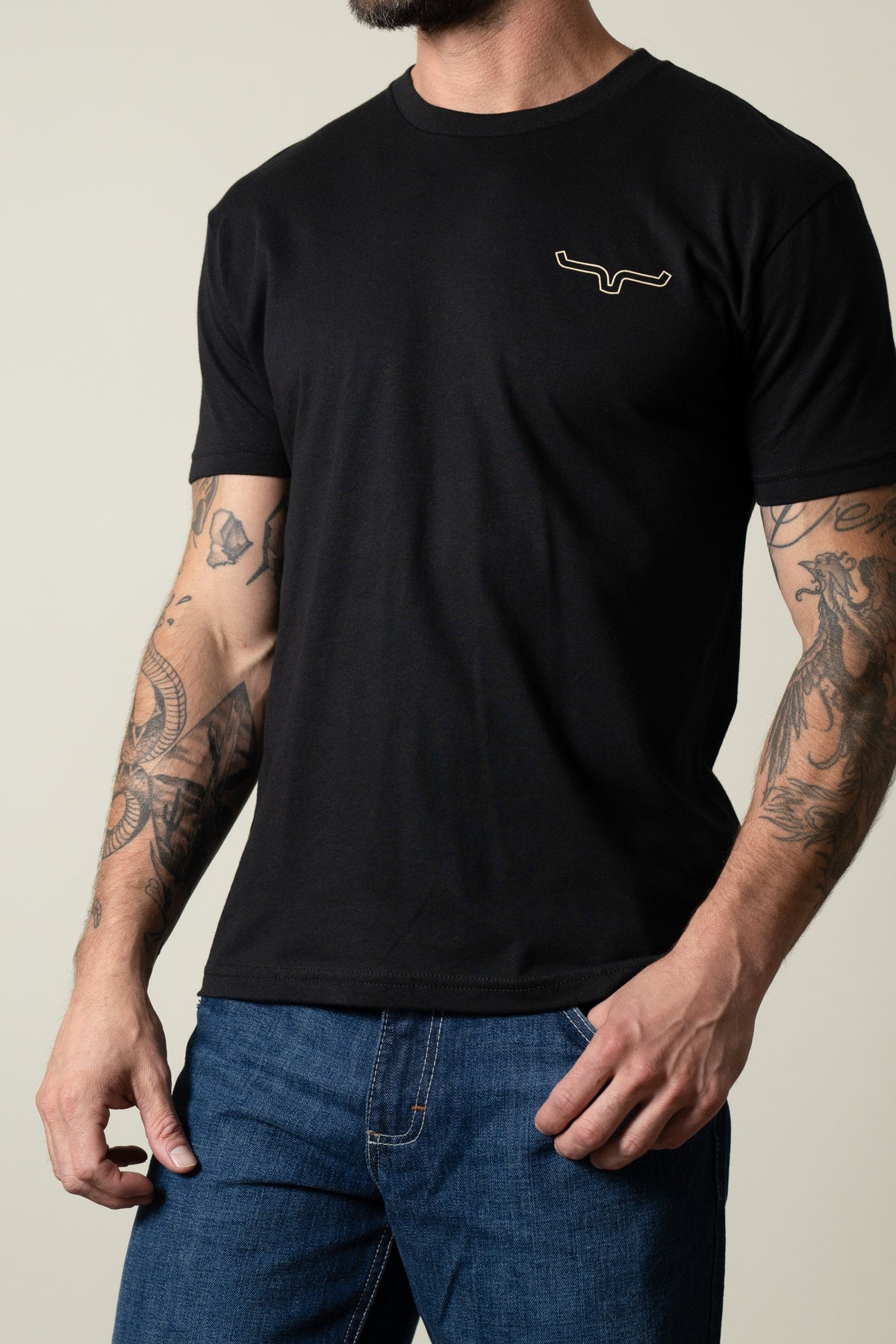 Kimes Ranch Camo Back black crew neck t-shirt with short sleeves and embroidered logo on chest