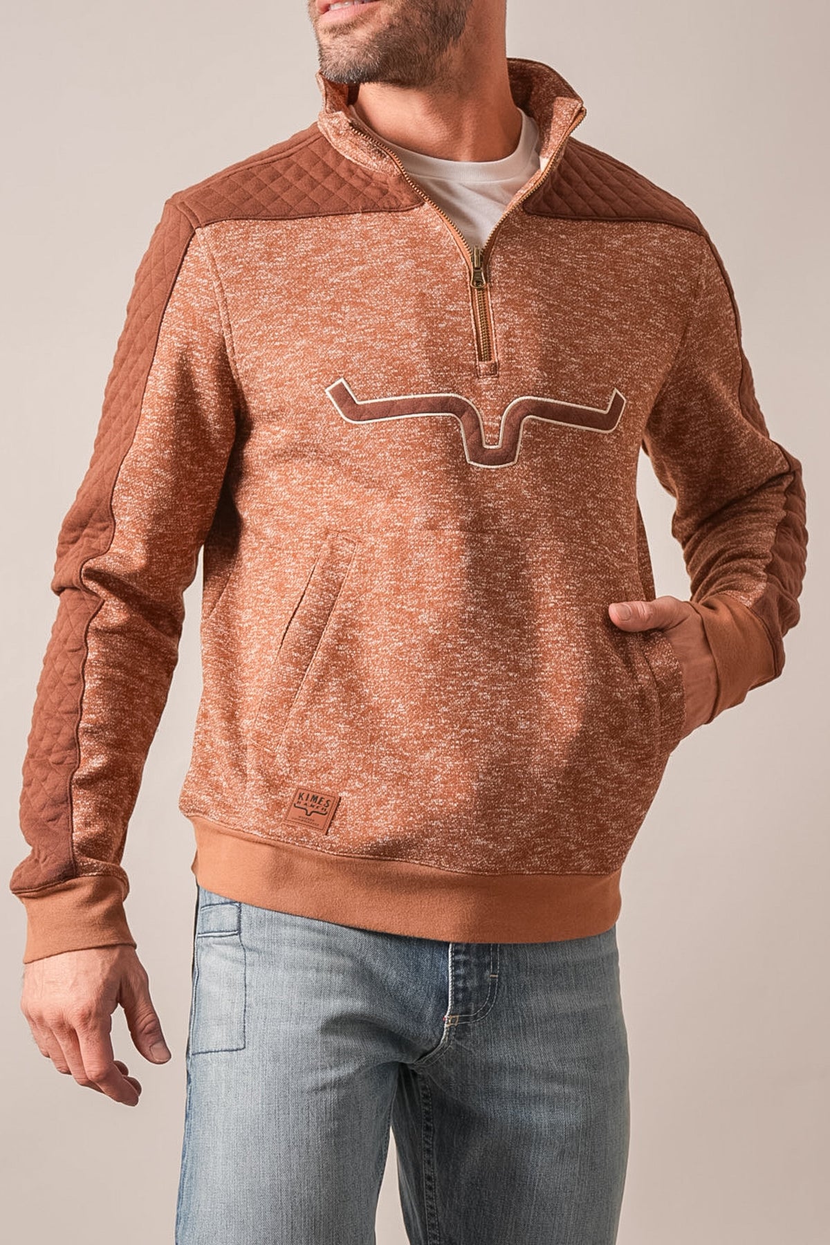 Kimes Ranch Canfield sweatshirt, Brown Heather, quarter-zip with quilted shoulders, white Kimes Ranch logo