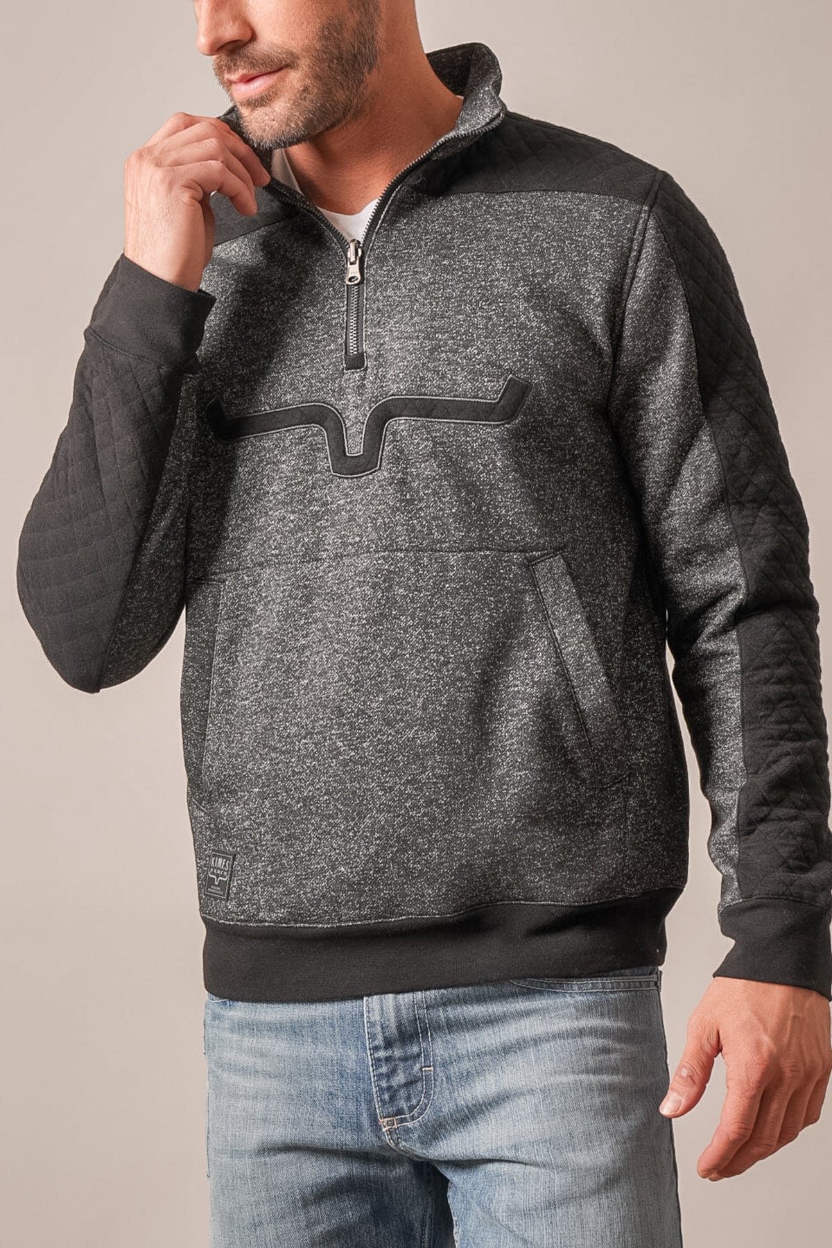 Kimes Ranch Canfield charcoal heather sweatshirt with half zip, quilted panels and logo graphic
