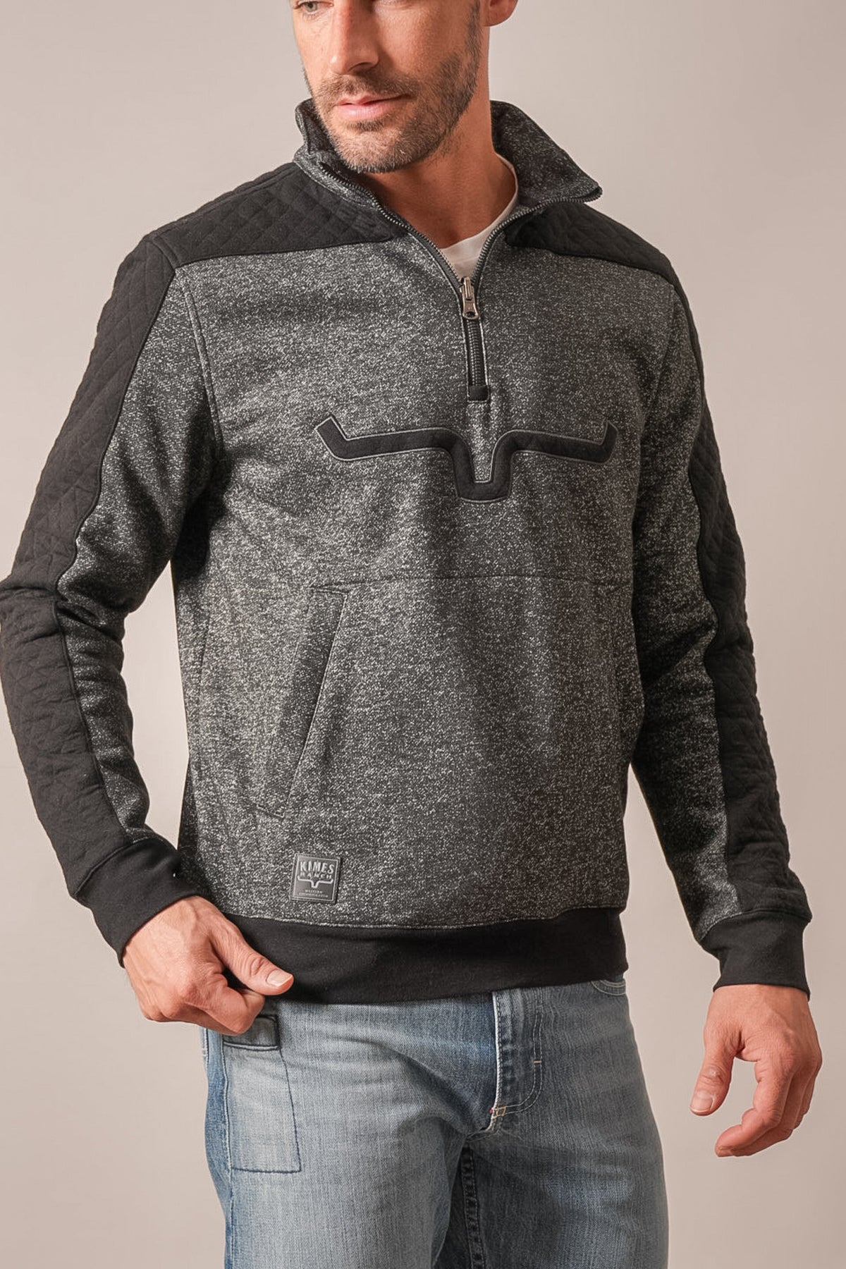 Kimes Ranch Canfield sweatshirt in charcoal heather, quilted shoulders, half-zip front, kangaroo pocket, Kimes Ranch logo