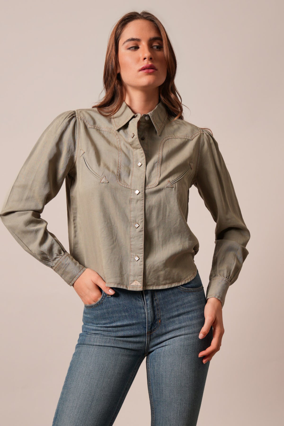 Kimes Ranch Cece moss top with long sleeves, snap front, yoke stitching, and pointed collar