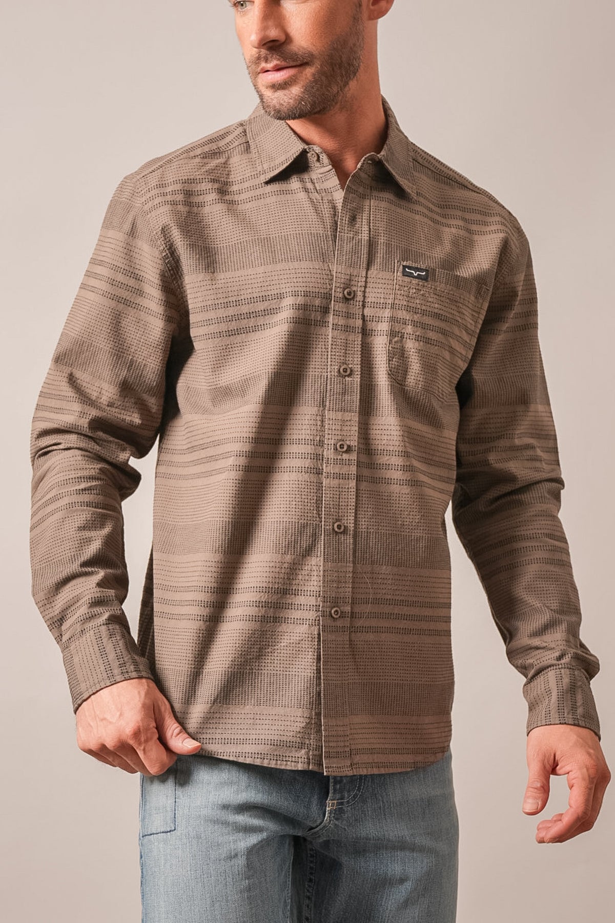 Kimes Ranch Dash long sleeve dress shirt in Army Green with striped pattern and chest pocket logo