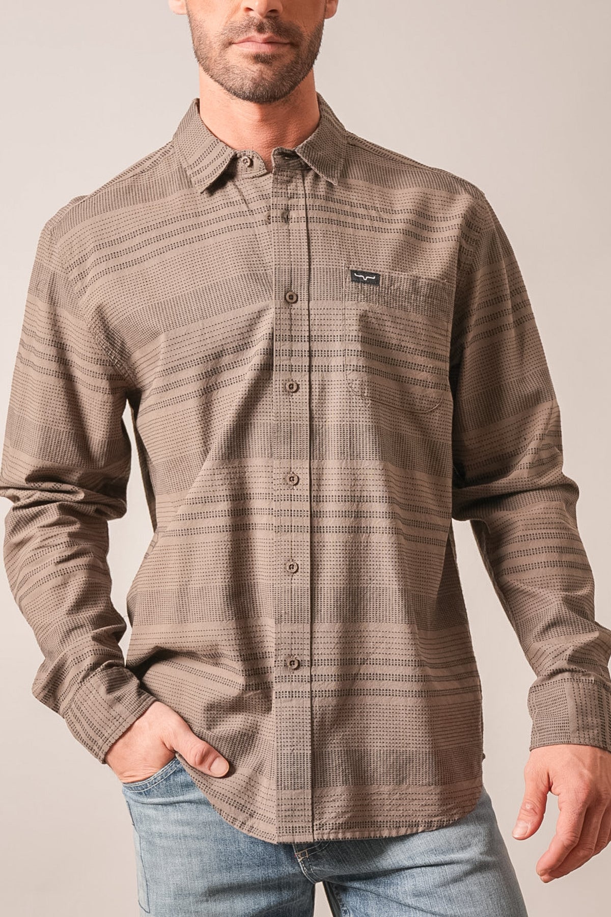 Kimes Ranch Dash long sleeve button-up dress shirt in Army Green with all-over dotted stripe pattern and chest pocket