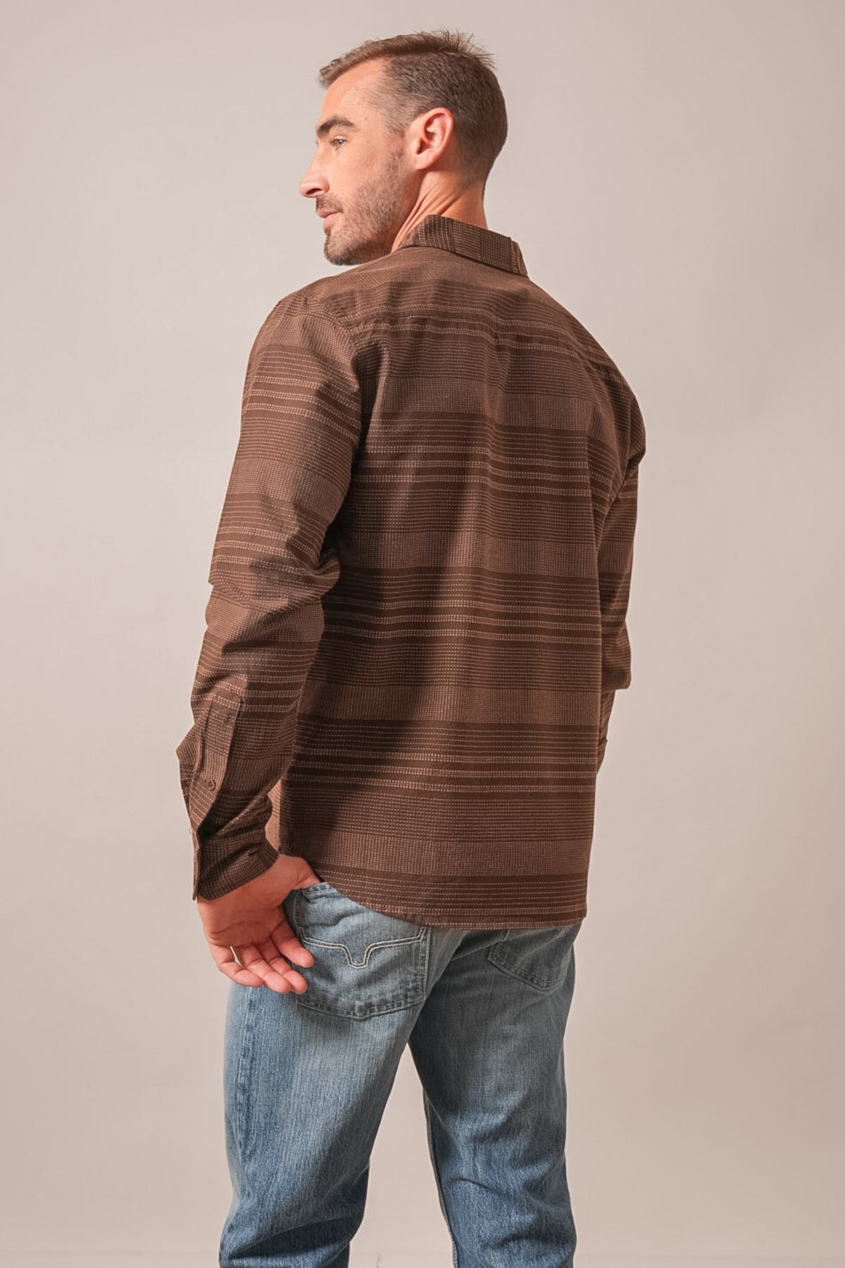 Kimes Ranch Dash long sleeve dress shirt, Espresso colour, back view showing horizontal stripe pattern and buttoned cuffs