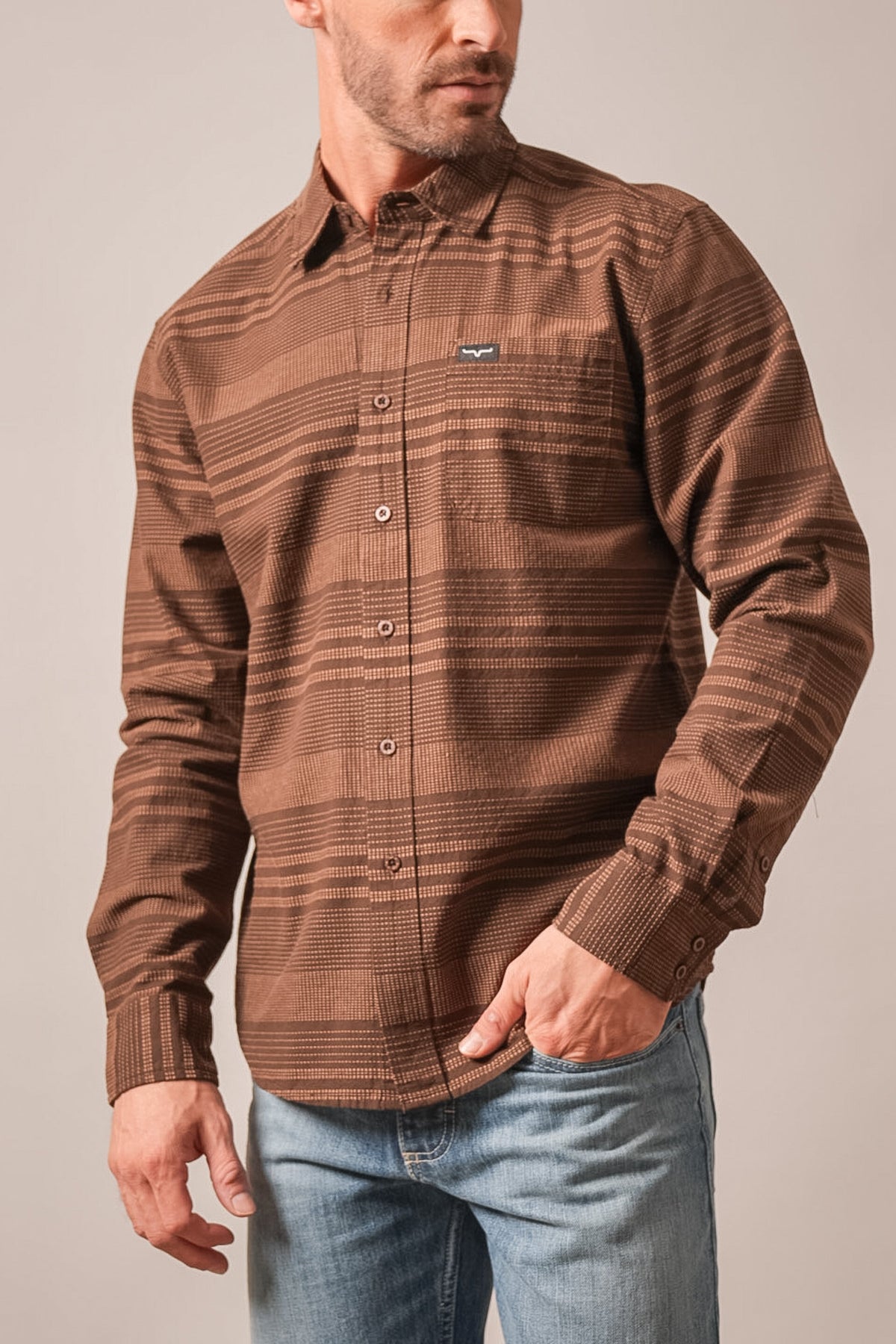 Kimes Ranch Dash long sleeve button up dress shirt in espresso, stripe pattern, chest pocket with Kimes Ranch logo