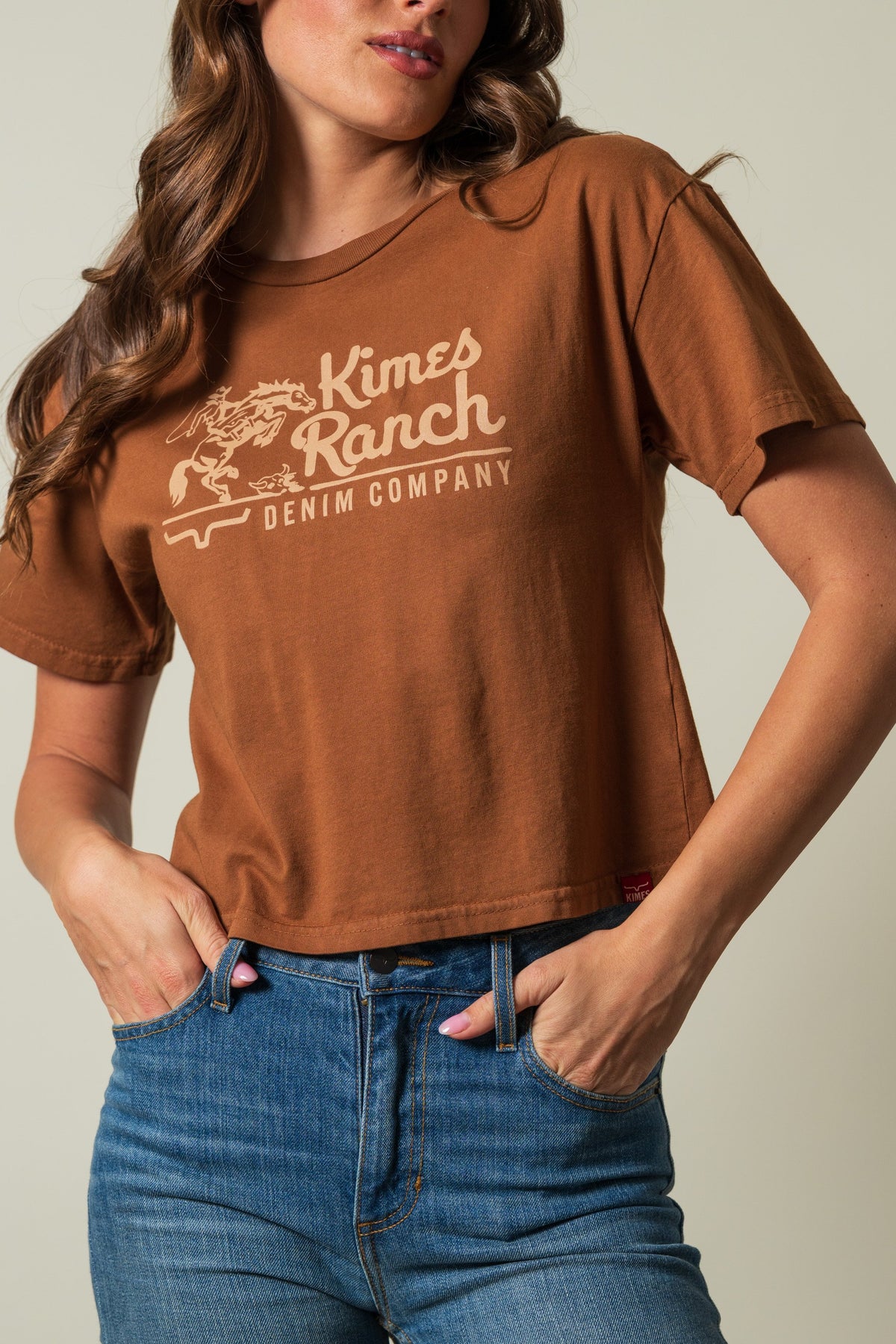 Kimes Ranch Davona Dale shirt in Brown with vintage graphic reading Kimes Ranch DENIM COMPANY and logo