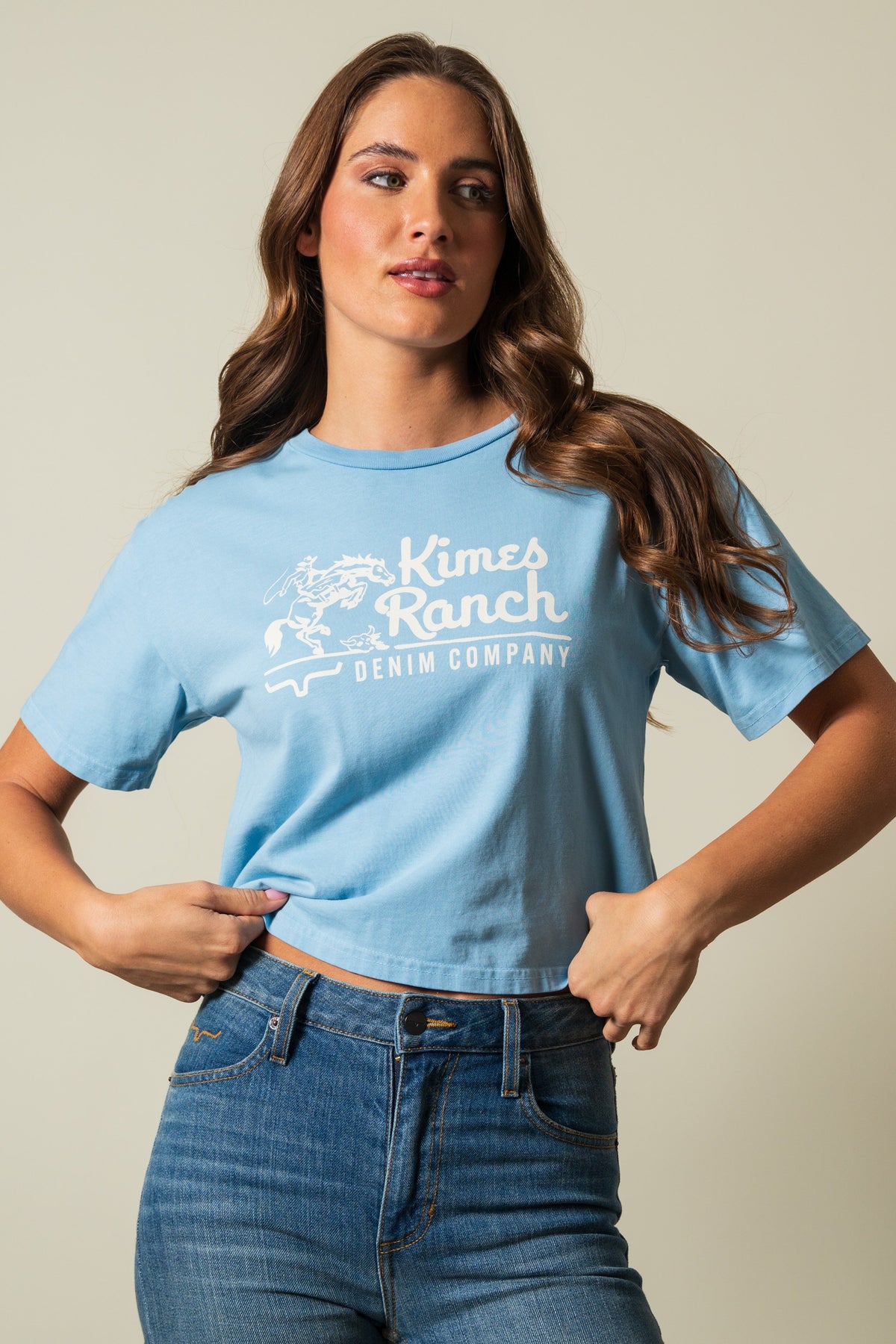 Kimes Ranch Davona Dale shirt in Faded Denim with Kimes Ranch logo and DENIM COMPANY print