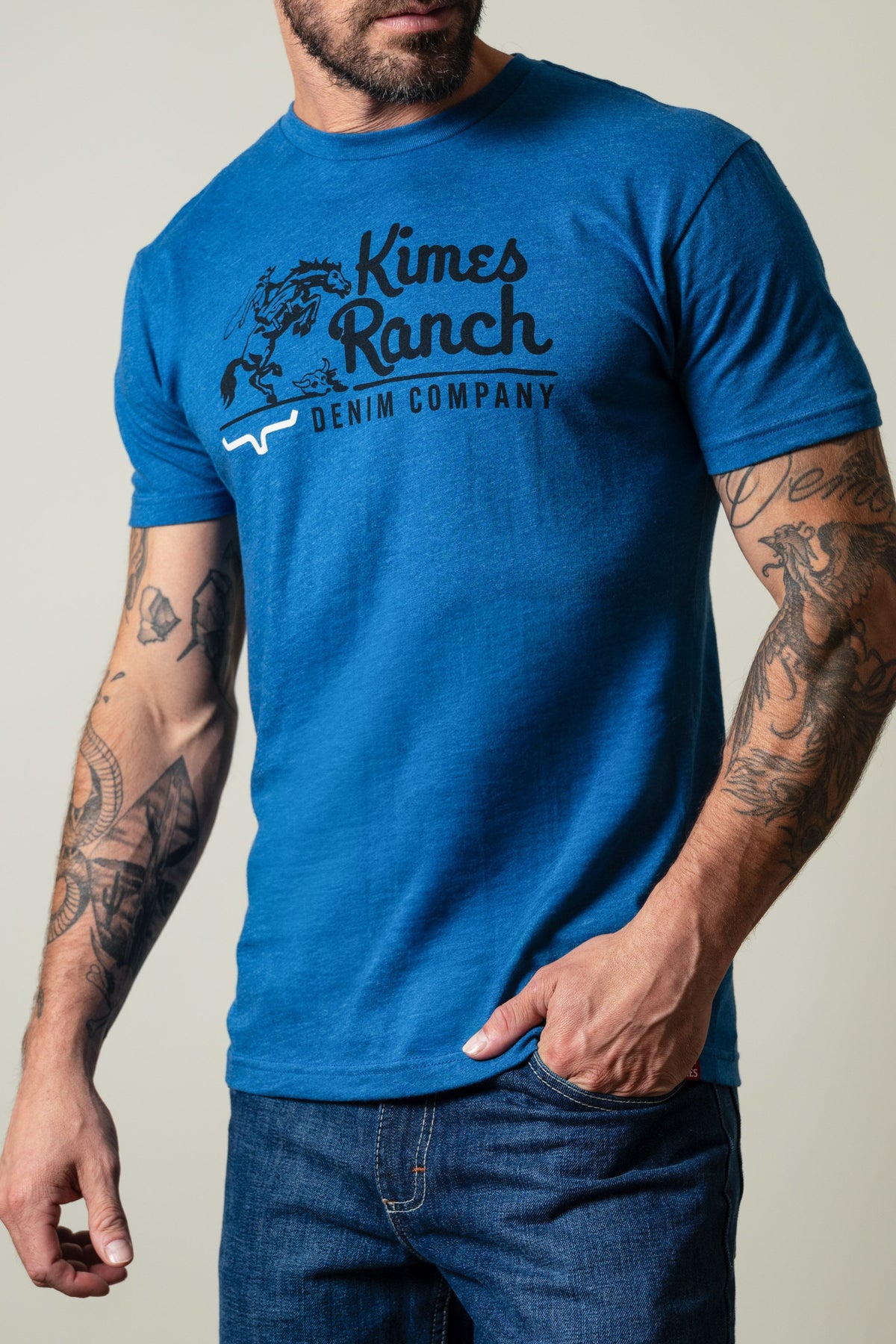 Kimes Ranch Davona Dale Heather Cool Blue shirt with Kimes Ranch logo and DENIM COMPANY text