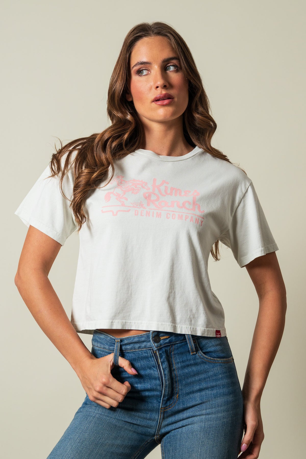 Kimes Ranch Davona Dale shirt, Natural color, short-sleeve, crewneck, pink graphic, 'Kimes Ranch DENIM COMPANY'