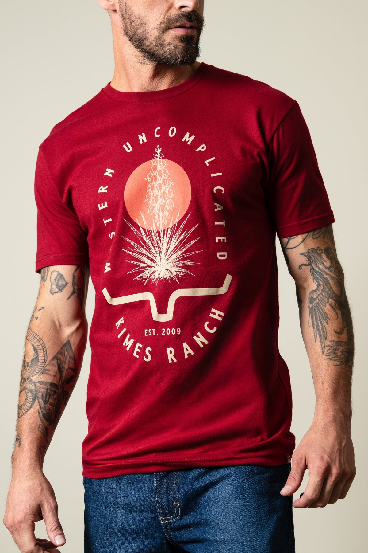 Kimes Ranch Drought Resistant short sleeve crew neck Cardinal t-shirt with Western Uncomplicated Kimes Ranch Est 2009 graphic
