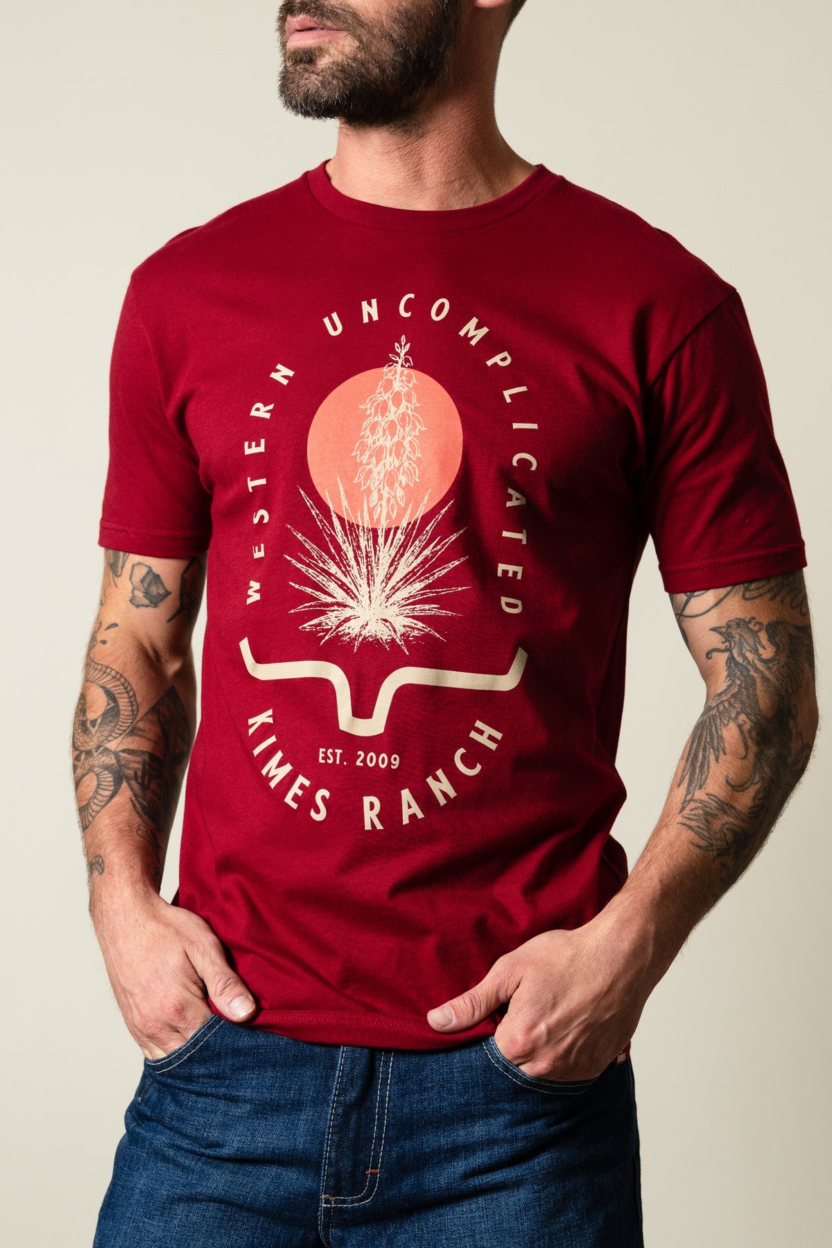 Kimes Ranch Drought Resistant t-shirt in cardinal with a yucca plant graphic