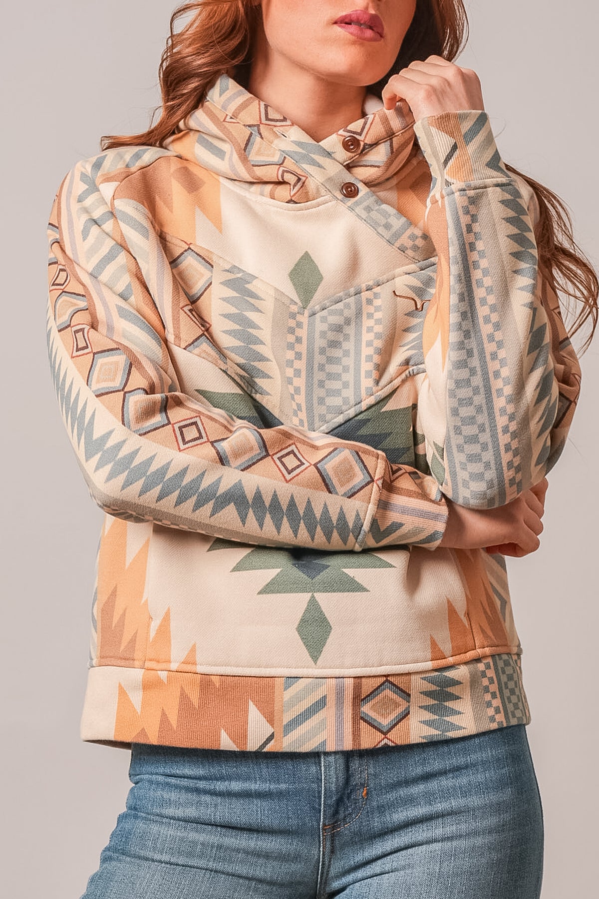 Kimes Ranch Ella hoodie in Natural with multi-color geometric pattern, cowl neck, and embroidered steer logo