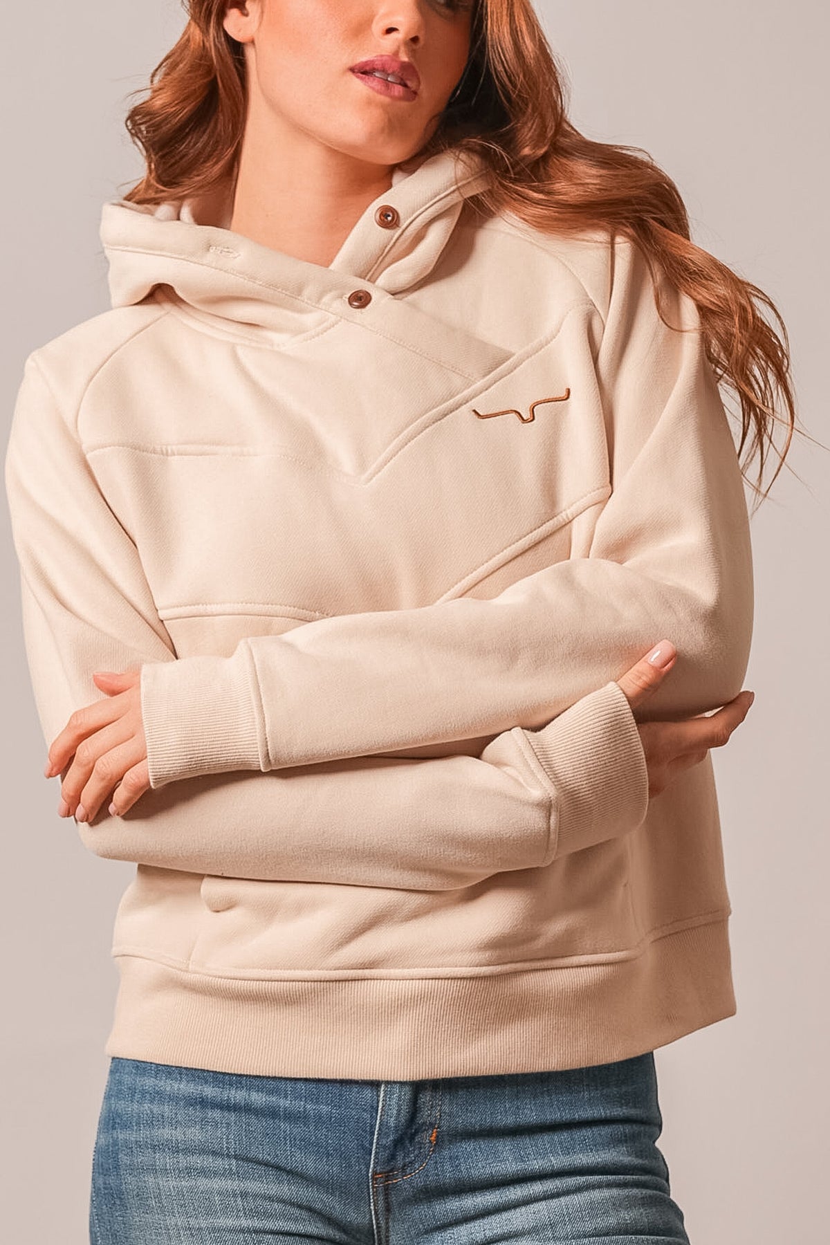 Kimes Ranch Ella Sand hoodie with snap placket and embroidered logo