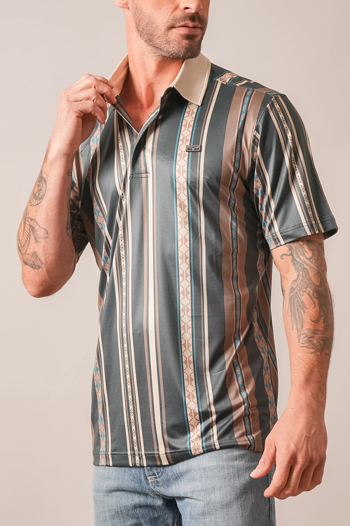 Kimes Ranch Evans Forest short-sleeve polo shirt with multi-colored vertical stripes and a contrast collar
