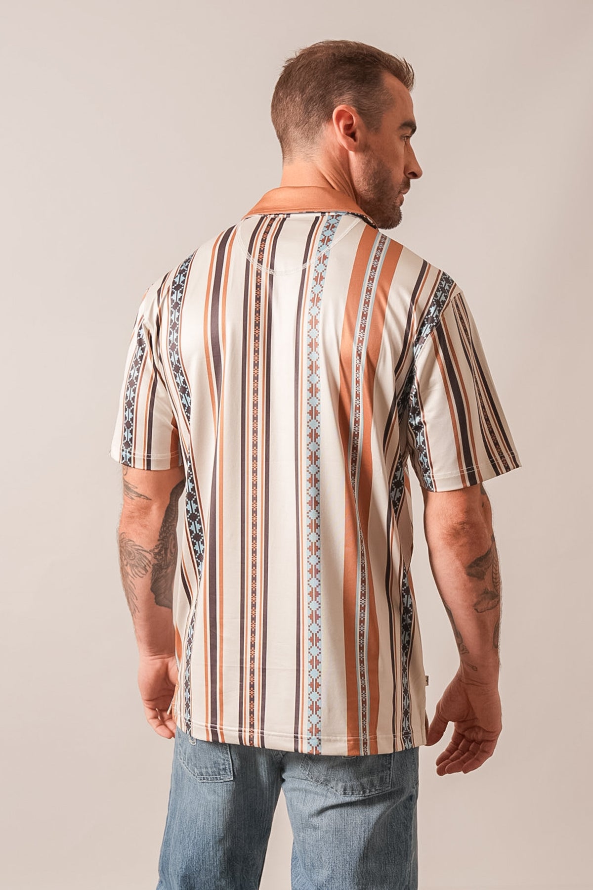Kimes Ranch Evans polo shirt back view, short sleeves, natural colourway with vertical geometric stripes