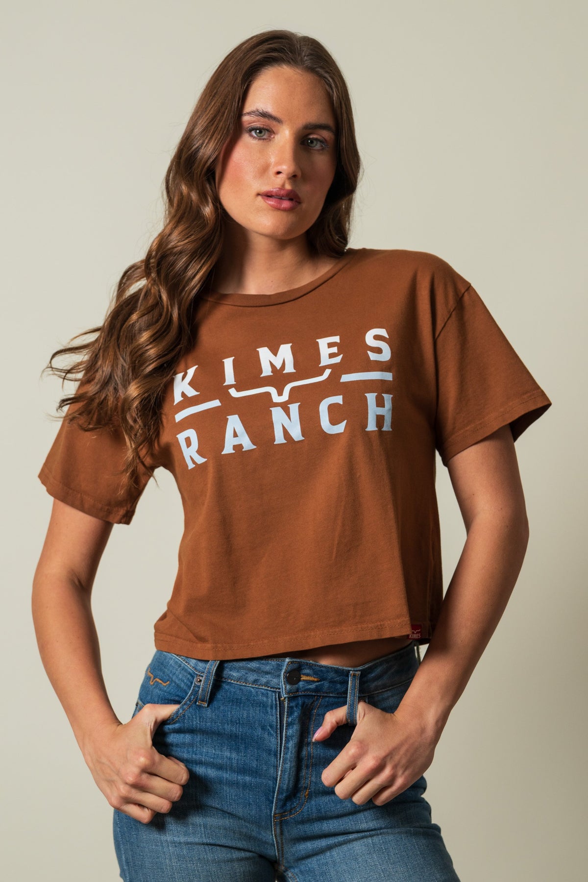 Kimes Ranch Faded Brand shirt in brown with a white graphic print featuring the words KIMES RANCH and the Kimes Ranch logo