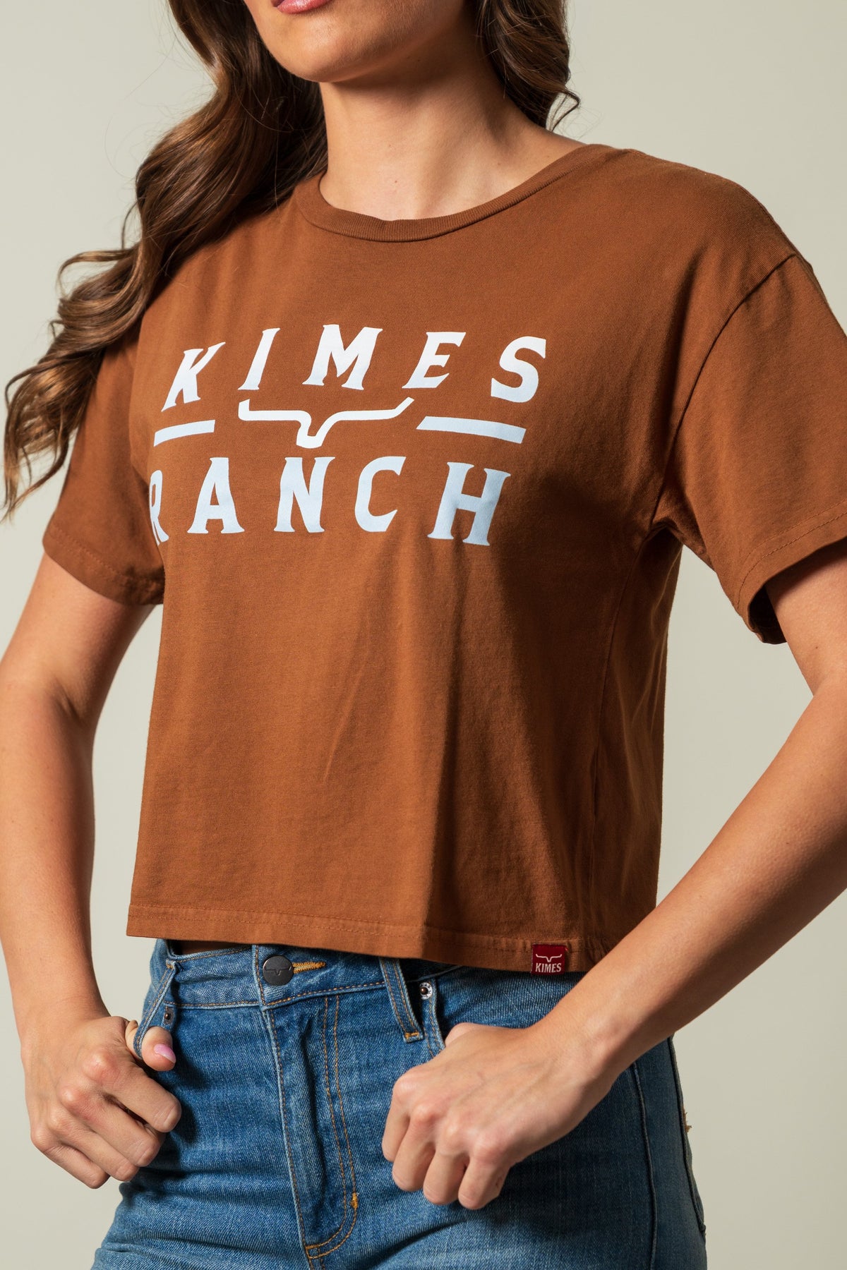 Kimes Ranch Faded Brand shirt in brown with white KIMES RANCH and logo graphic on front