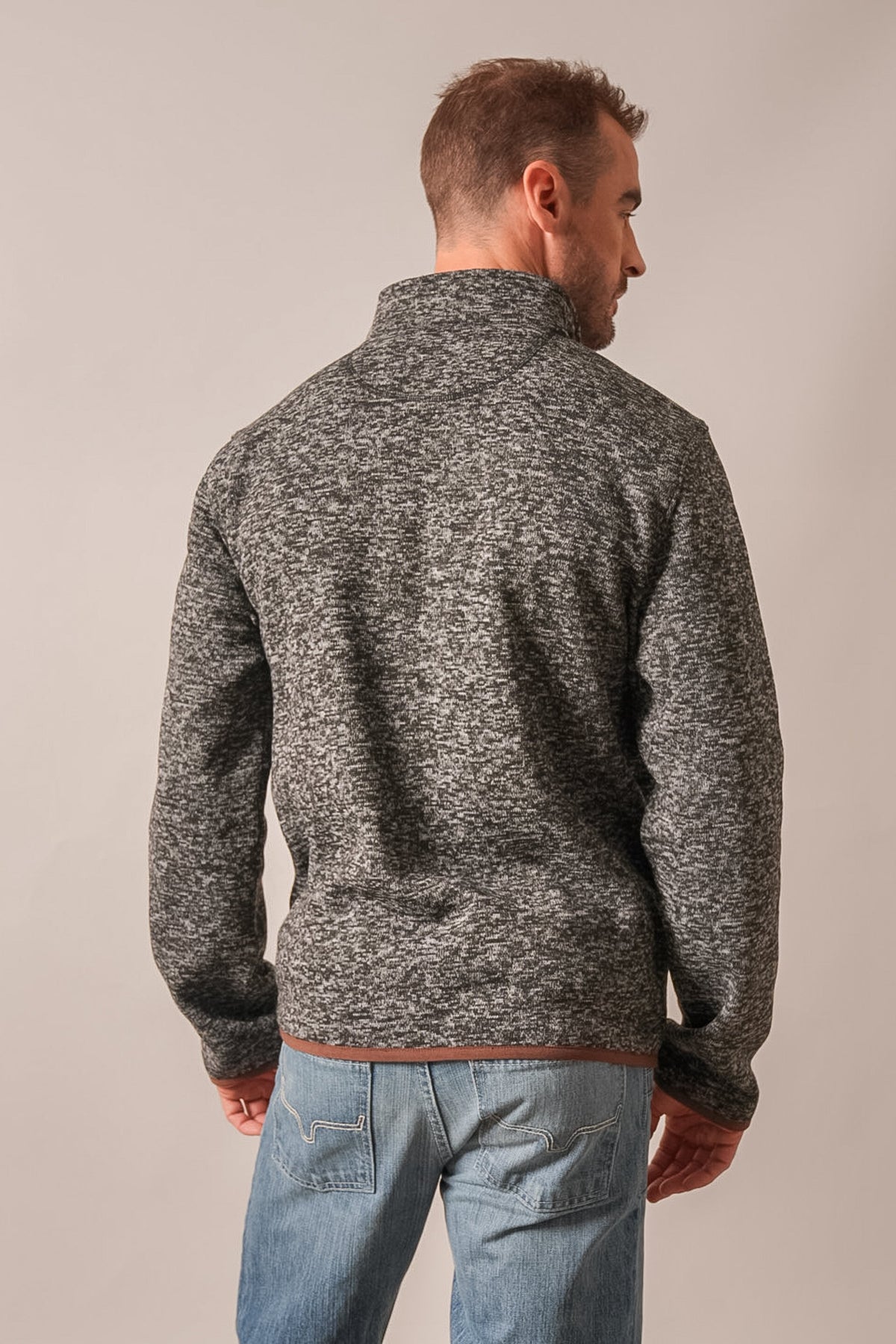 Kimes Ranch Fontana sweatshirt back, black marl long sleeve, ribbed collar, brown trim at hem