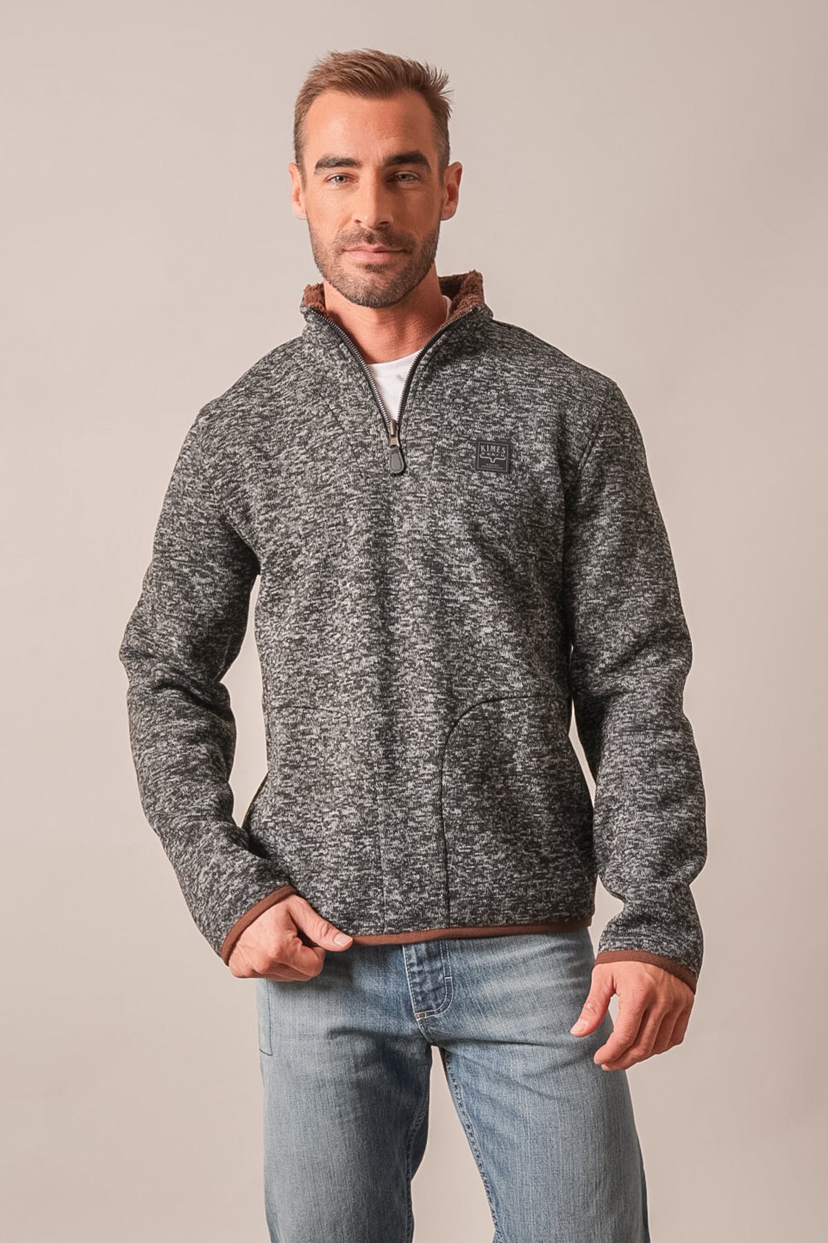 Kimes Ranch Fontana men's black marled sweatshirt with brown trim, long sleeves, and front pocket