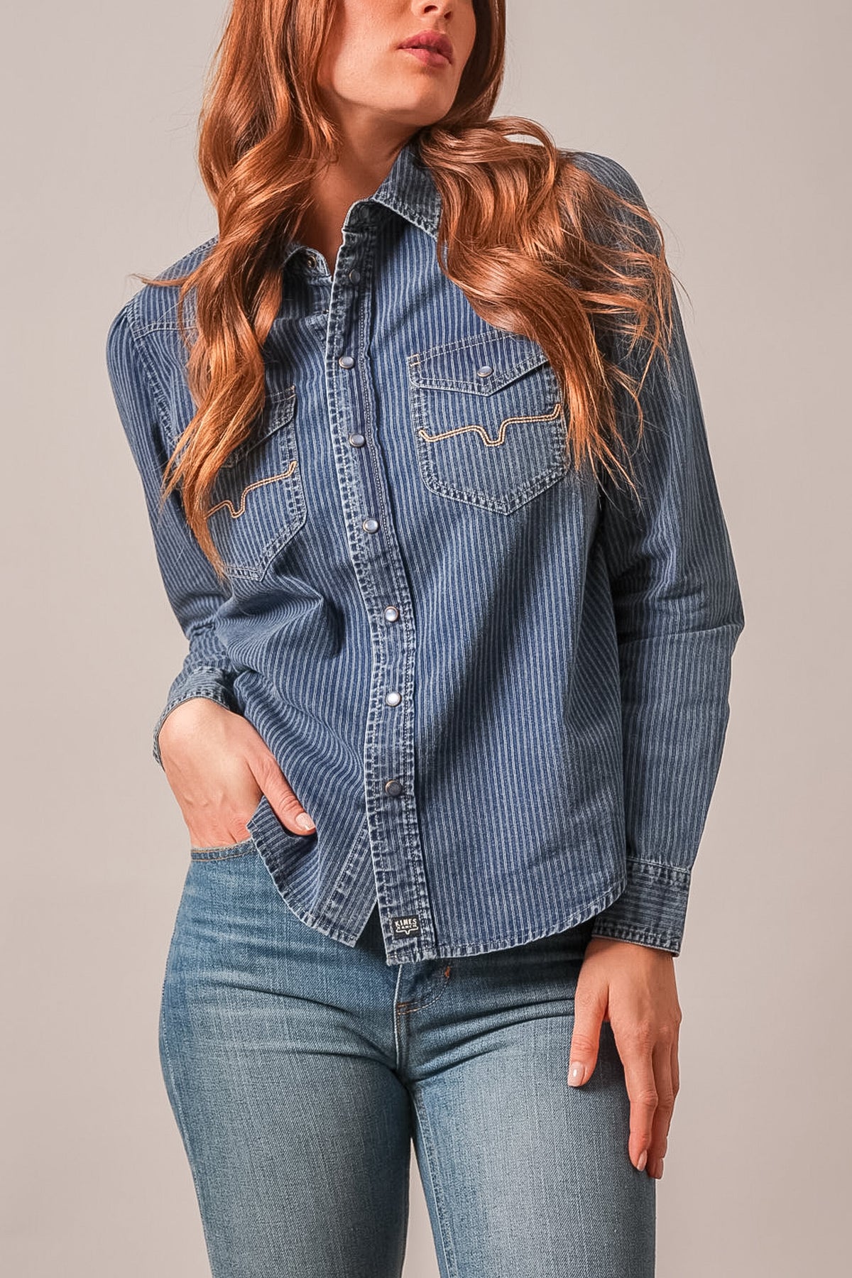 Kimes Ranch Frankie top in Indigo Stripe with chest pockets and logo patch