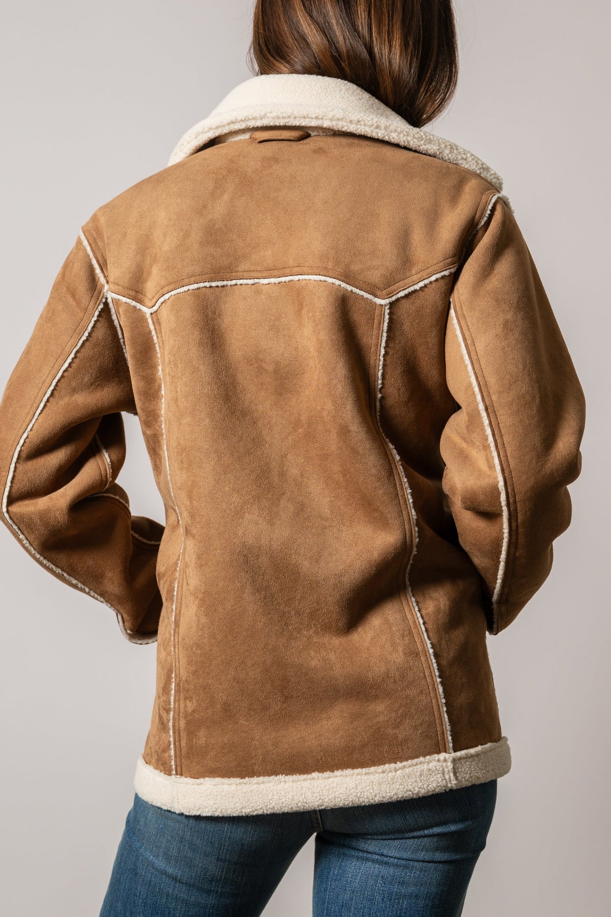 Kimes Ranch Hanna jacket back view, tobacco with contrasting white stitching and shearling collar