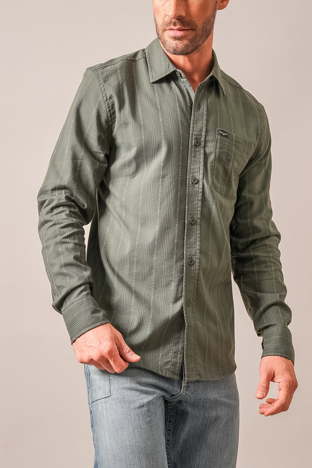 Kimes Ranch Hanover long sleeve dress shirt in olive with subtle vertical stripes and a chest pocket