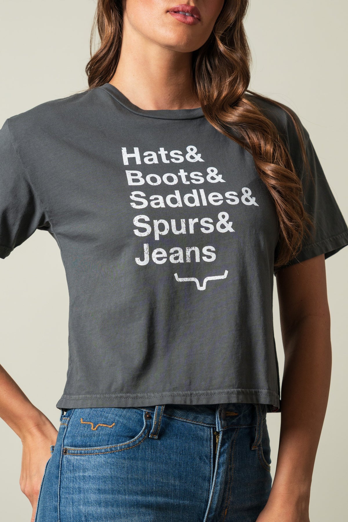 Kimes Ranch Hats & Boots cropped tee in Pepper, featuring white text and a logo on the front