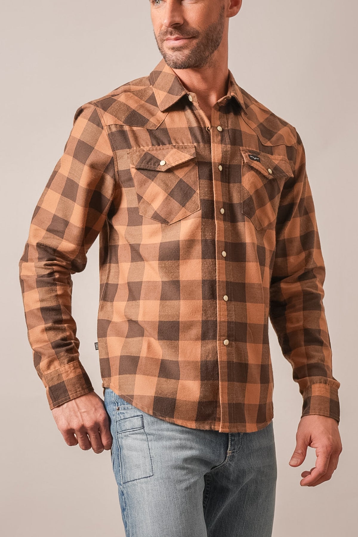 Kimes Ranch Jonez long sleeve Western dress shirt in Work Wear Brown plaid with two flap pockets