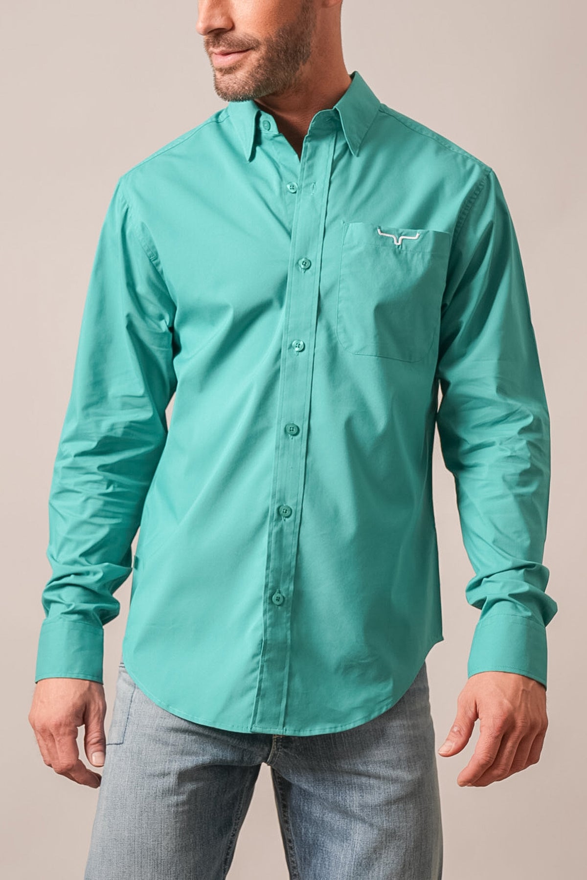 Kimes Ranch KR Team Shirt in teal long sleeve button-down dress shirt with chest pocket