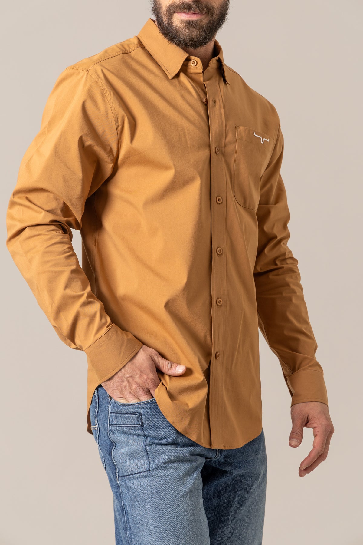 Kimes Ranch KR Team Shirt long sleeve button-up in Work Wear Brown with chest pocket and Kimes Ranch logo