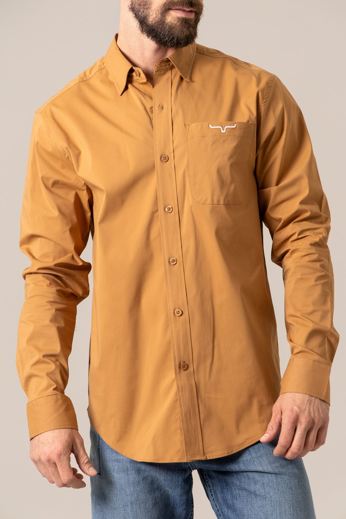 Kimes Ranch KR Team Shirt in Work Wear Brown, long sleeve button-down with chest pocket and embroidered logo