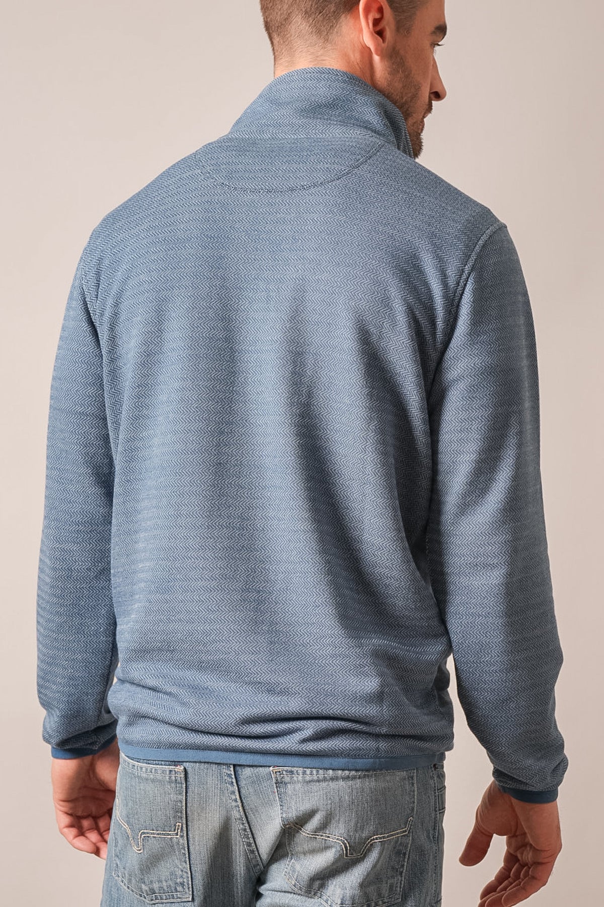 Kimes Ranch Lambert sweatshirt in blue, shown from the back with long sleeves, a collar, and a herringbone pattern