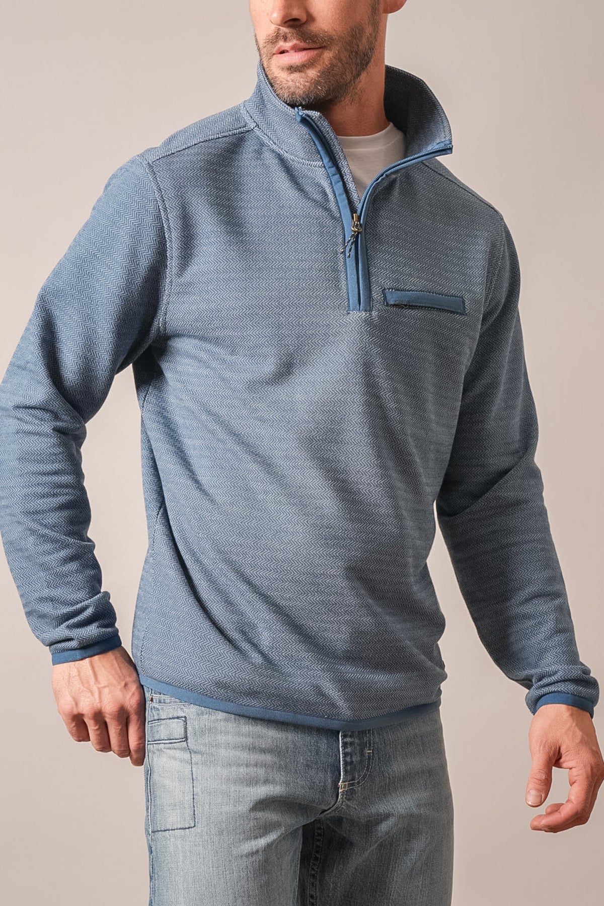 Kimes Ranch Lambert sweatshirt, blue long sleeve quarter zip top with chest pocket