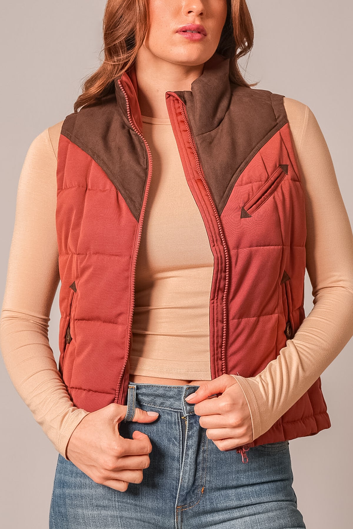 Kimes Ranch Lenora Vest in Burnt Red with brown yoke, zip front, quilted panels, and zip pockets