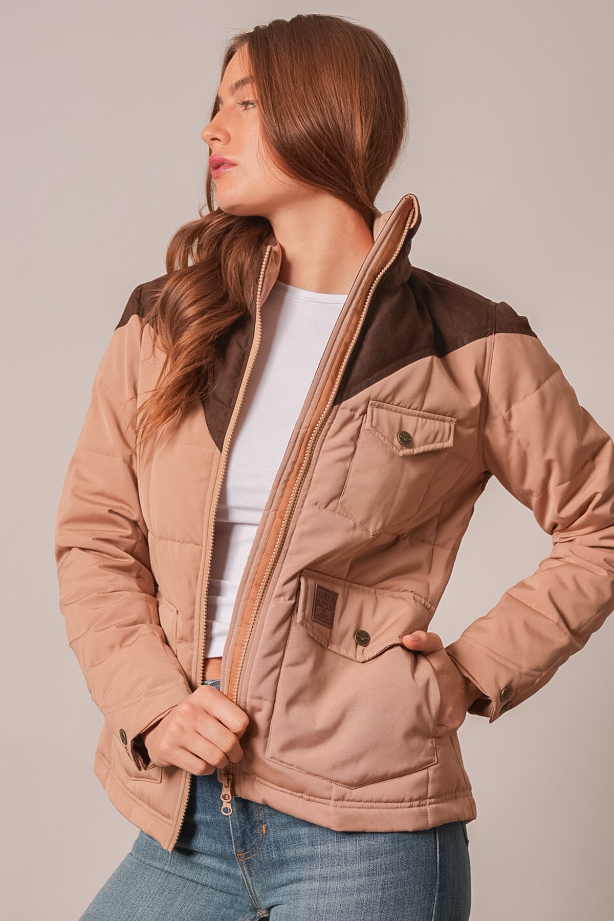 Kimes Ranch Lenora Jacket in Coffee with quilted panels, brown yoke, zip front, and buttoned pockets
