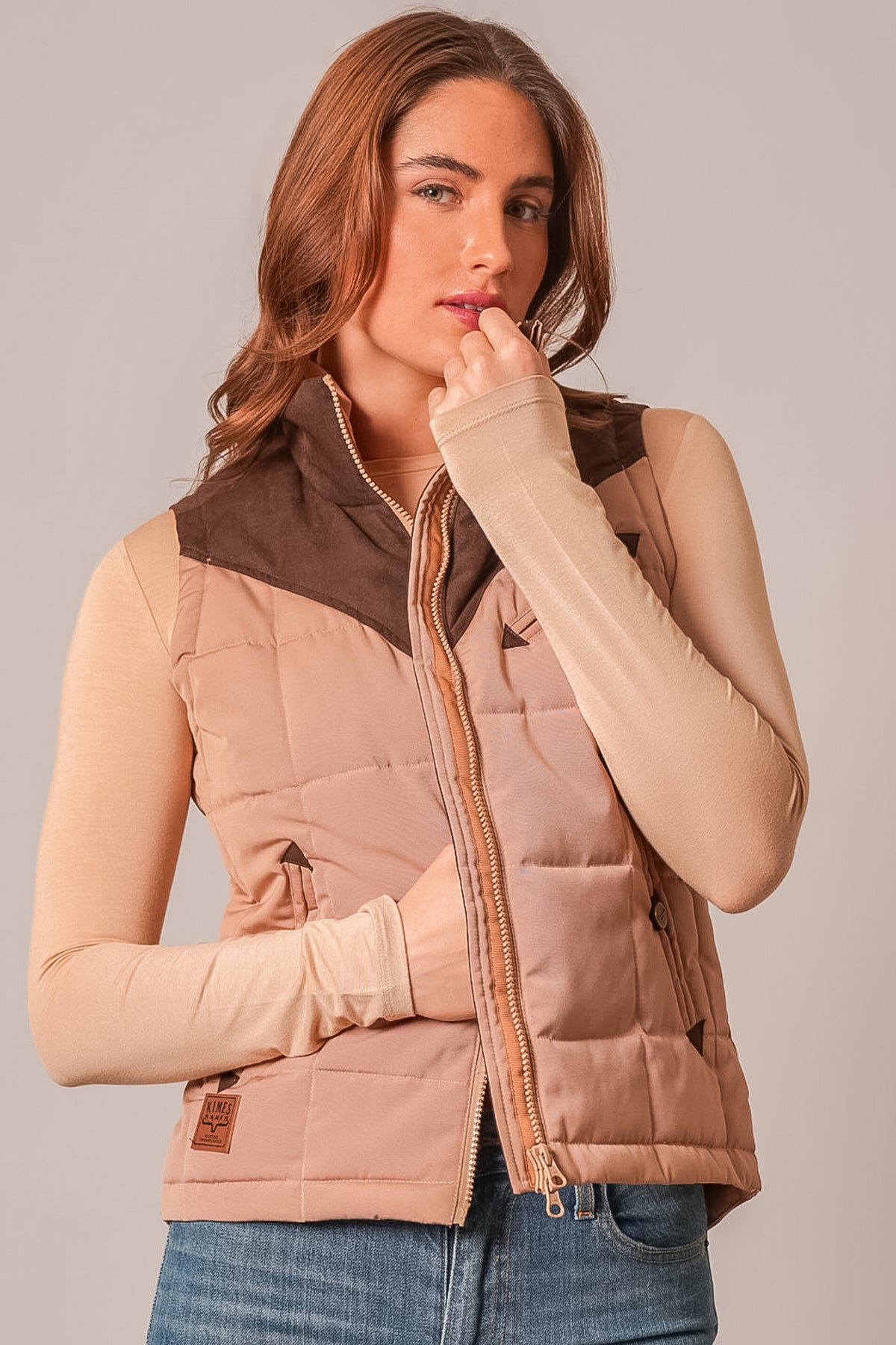 Kimes Ranch Lenora vest in Coffee, quilted puffer vest with brown collar, front zip, and logo patch