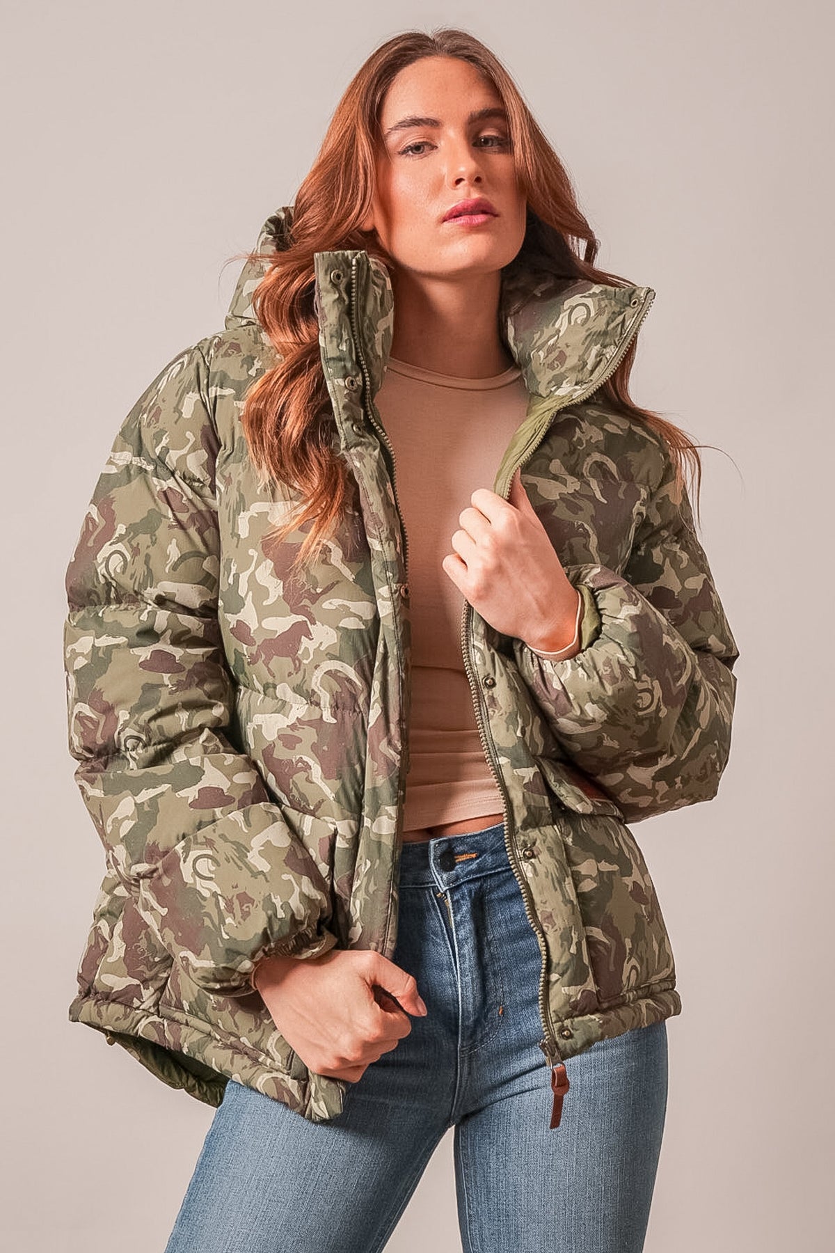 Kimes Ranch Letty Camo Jacket with horse print puffer design and hood