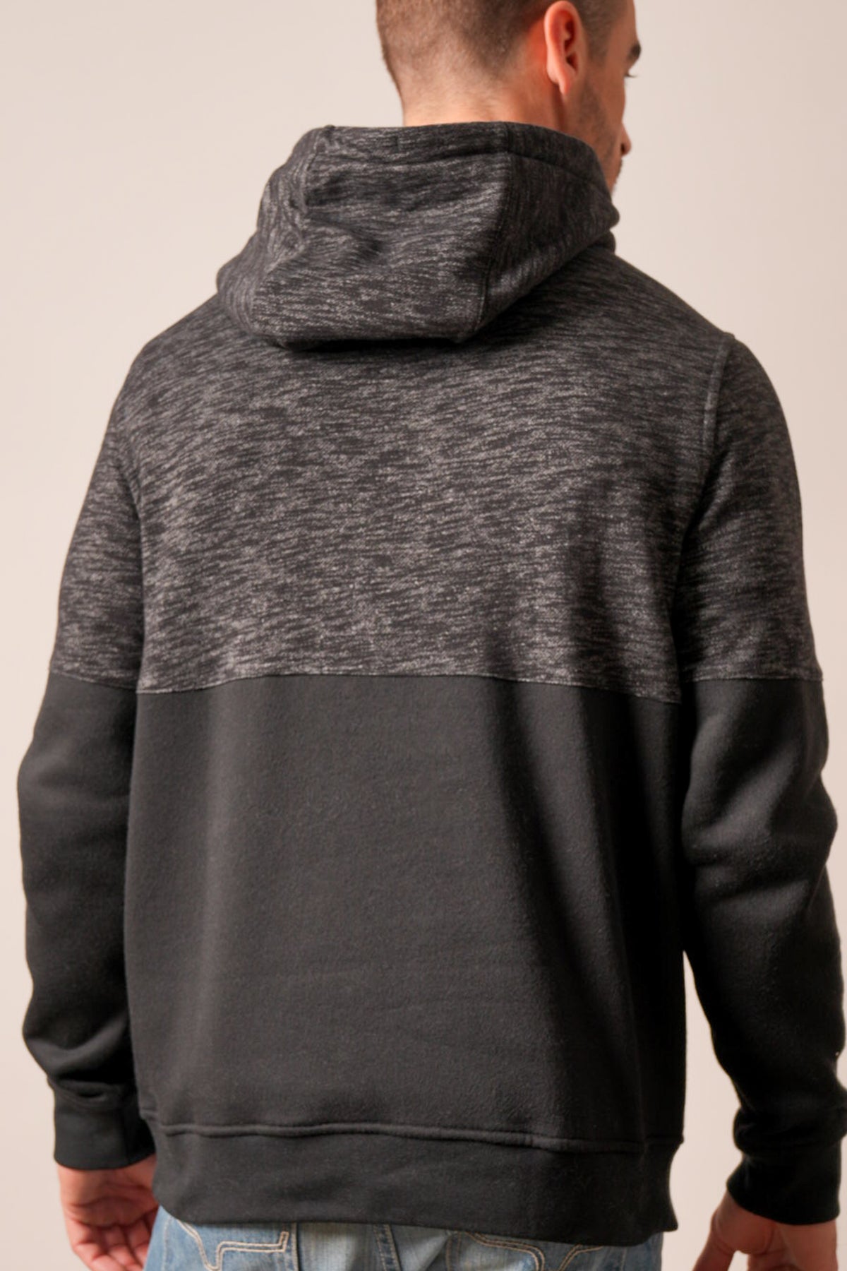 Kimes Ranch Mallard hoodie in black, back view with heathered grey hood and solid black lower body and sleeves