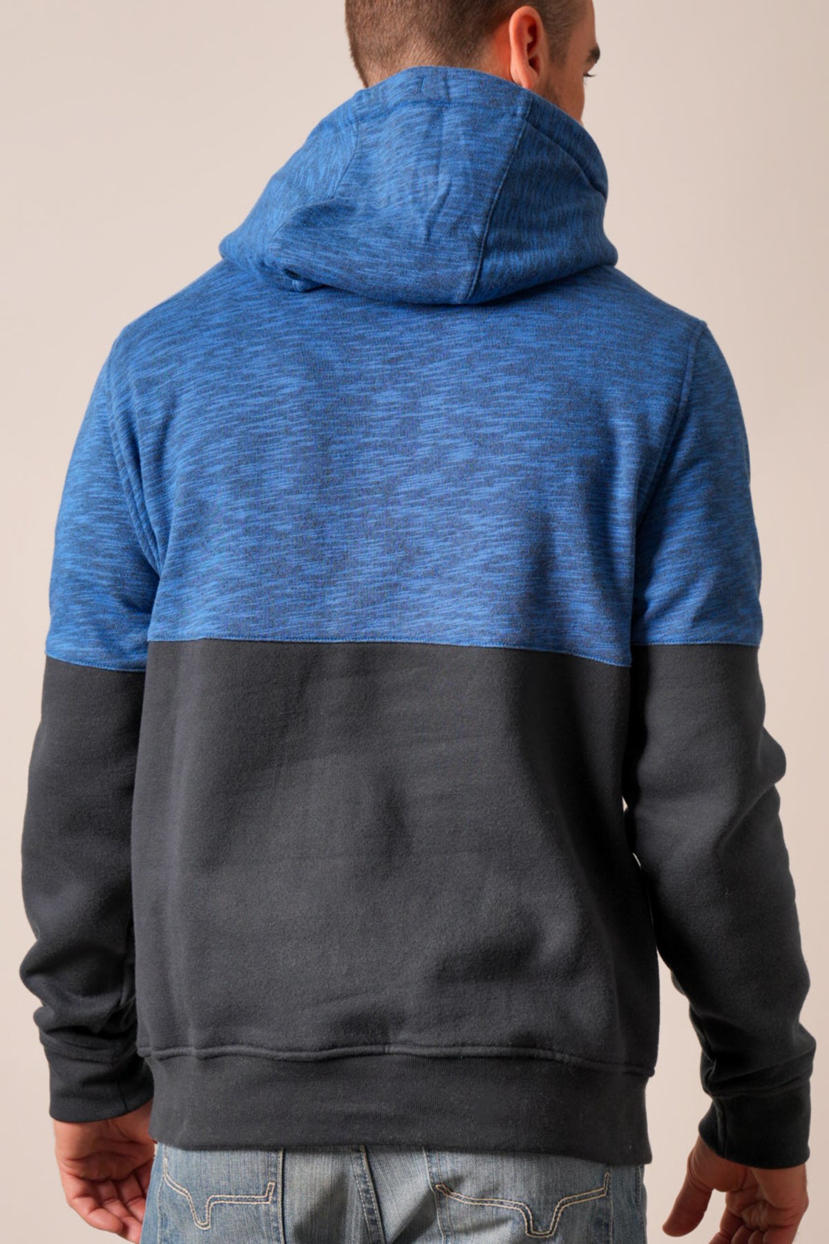 Kimes Ranch Mallard hoodie, blue, back view, colorblock with heathered upper and solid lower body